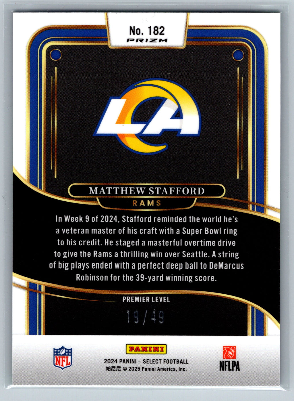 2024 Panini Select Matthew Stafford Neon Green Premier Level /49 #182