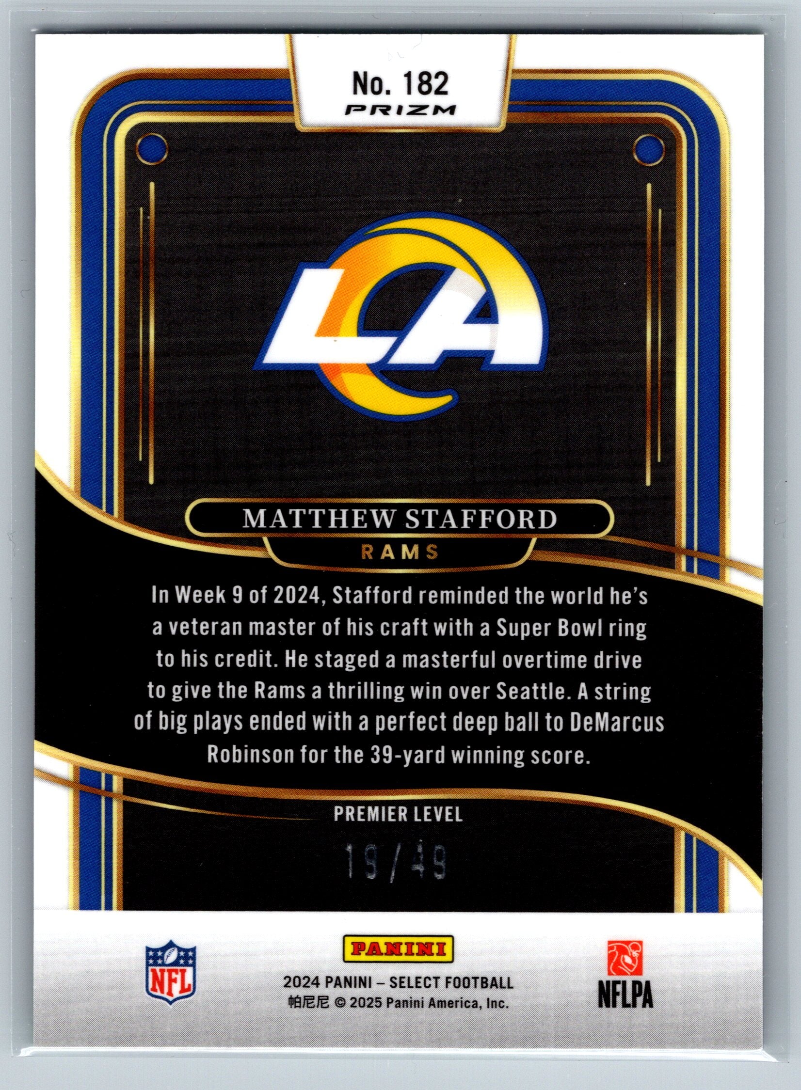 2024 Panini Select Matthew Stafford Neon Green Premier Level /49 #182