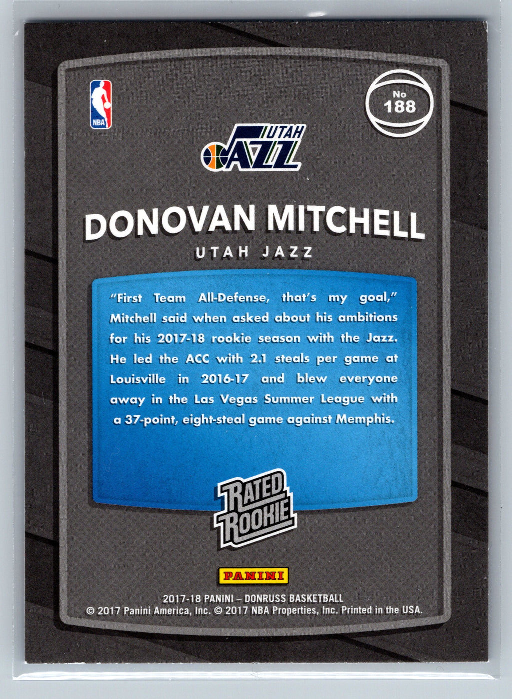 2017 Panini Donruss Donovan Mitchell Rated Rookie Card #188