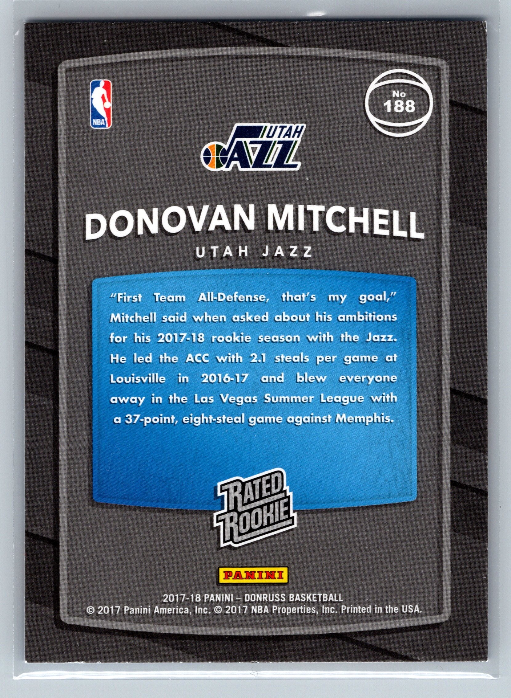 2017 Panini Donruss Donovan Mitchell Rated Rookie Card #188