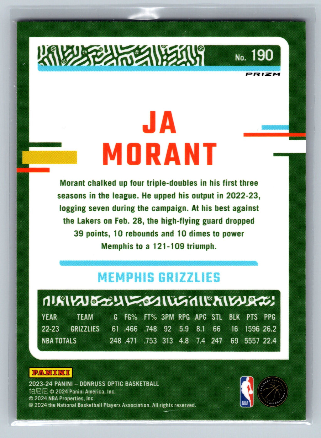 2023 Panini Optic Ja Morant Hyper Pink #190