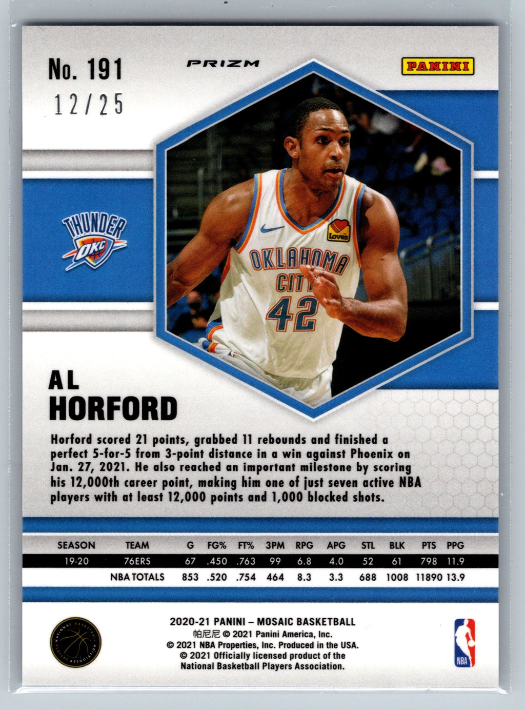 2020 Panini Mosaic Al Horford White /25 #191