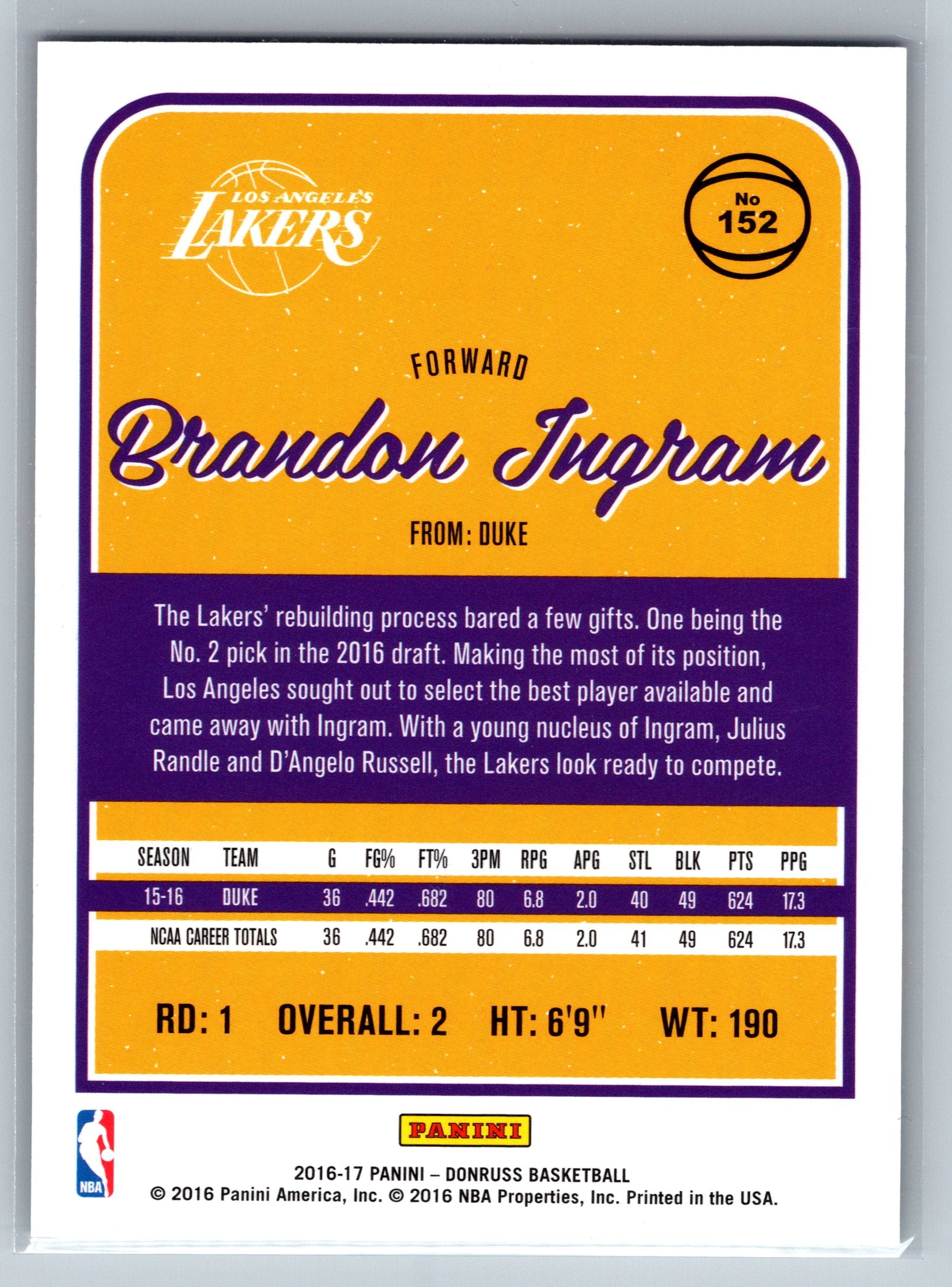 2016 Panini Donruss Brandon Ingram Green Holo Lazer Rookie Card #152