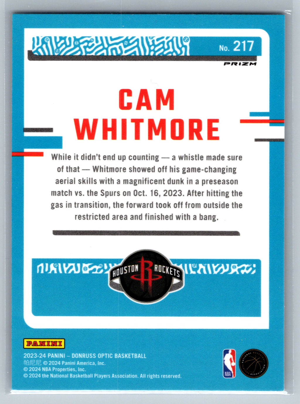 2023 Panini Optic Cam Whitmore Fast Break Rookie Card #217