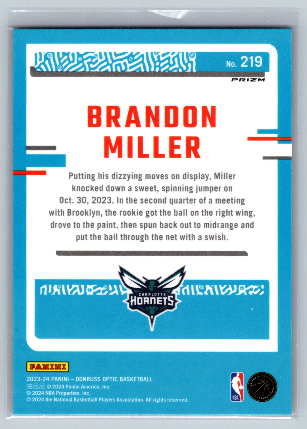 2023 Panini Optic Brandon Miller Hyper Pink Rookie Card #219