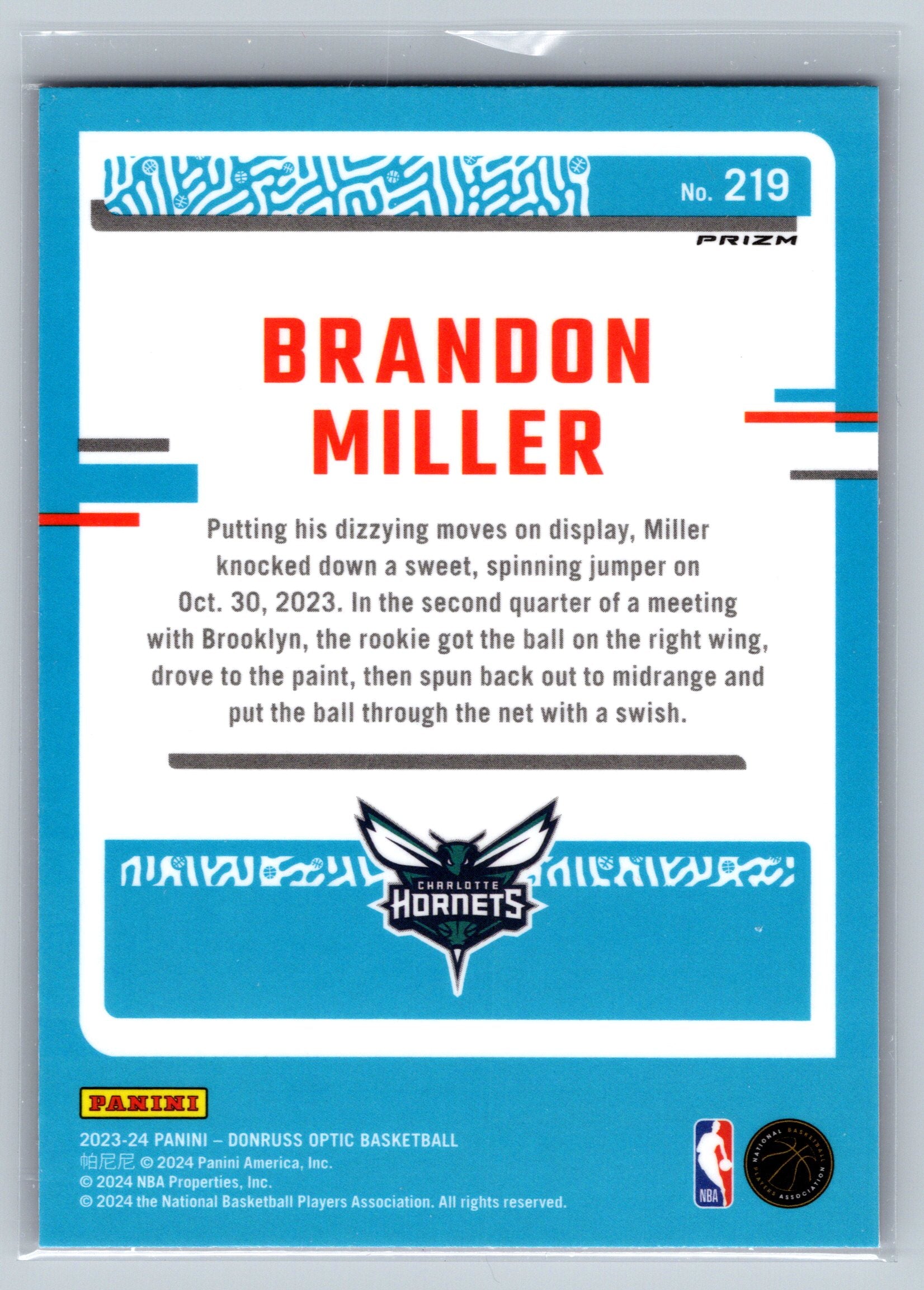 2023 Panini Optic Brandon Miller Hyper Pink Rookie Card #219