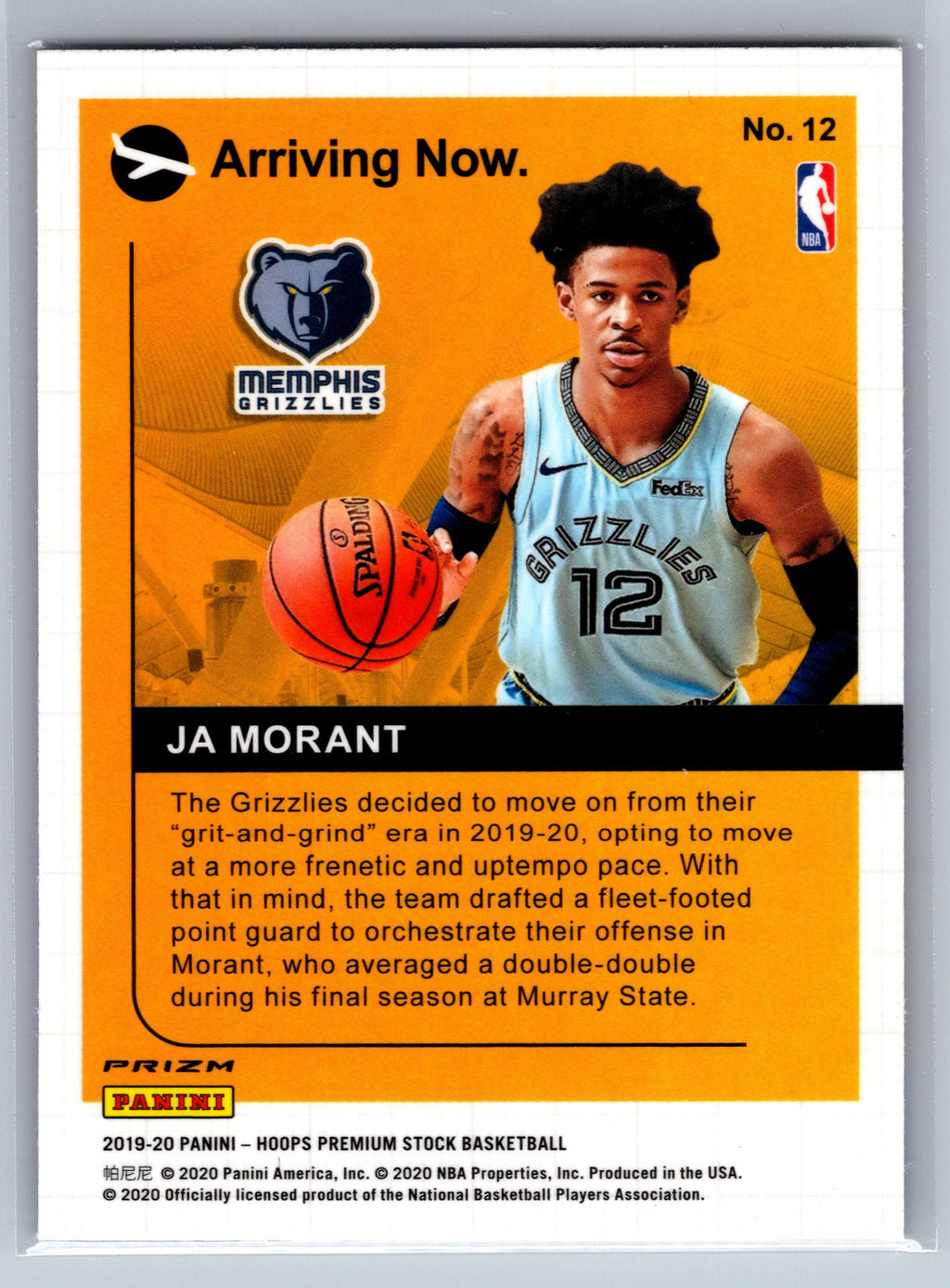 2019 Panini NBA Hoops Ja Morant Arriving Now Rookie Card #12
