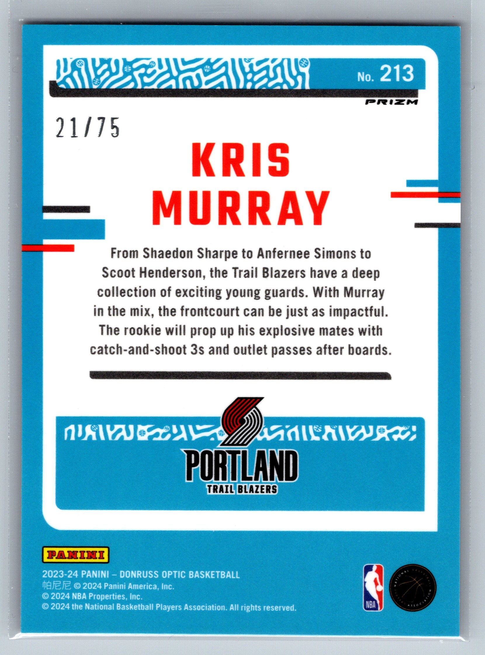 2023 Panini Optic Kris Murray Red Fast Break Rookie Card /75 #213