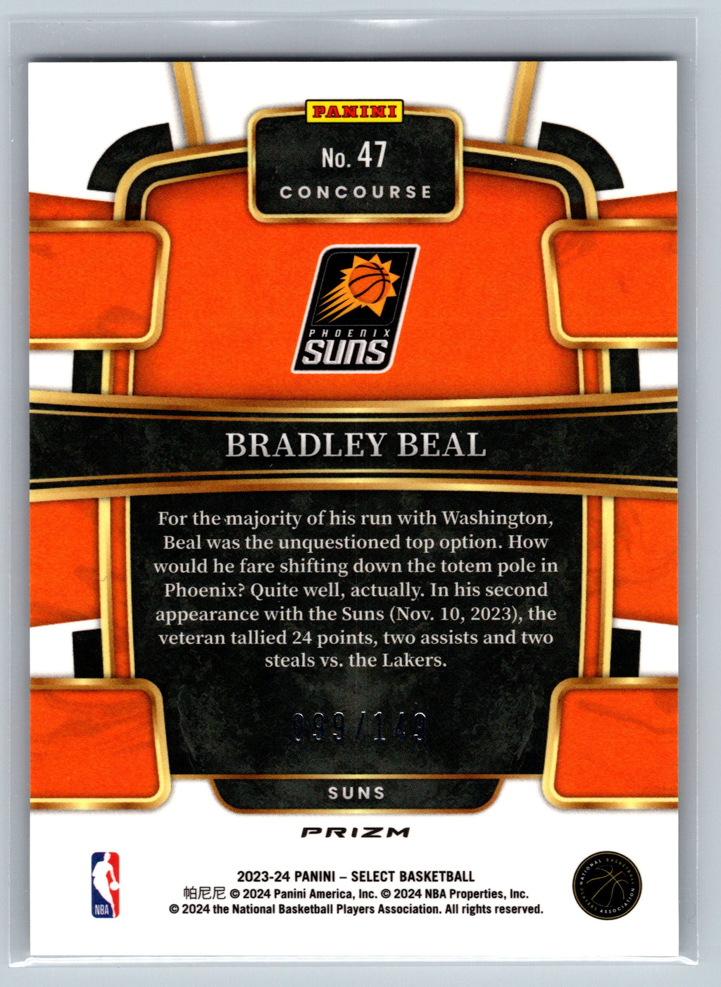 2023 Panini Select Bradley Beal White Concourse Level /149 #47