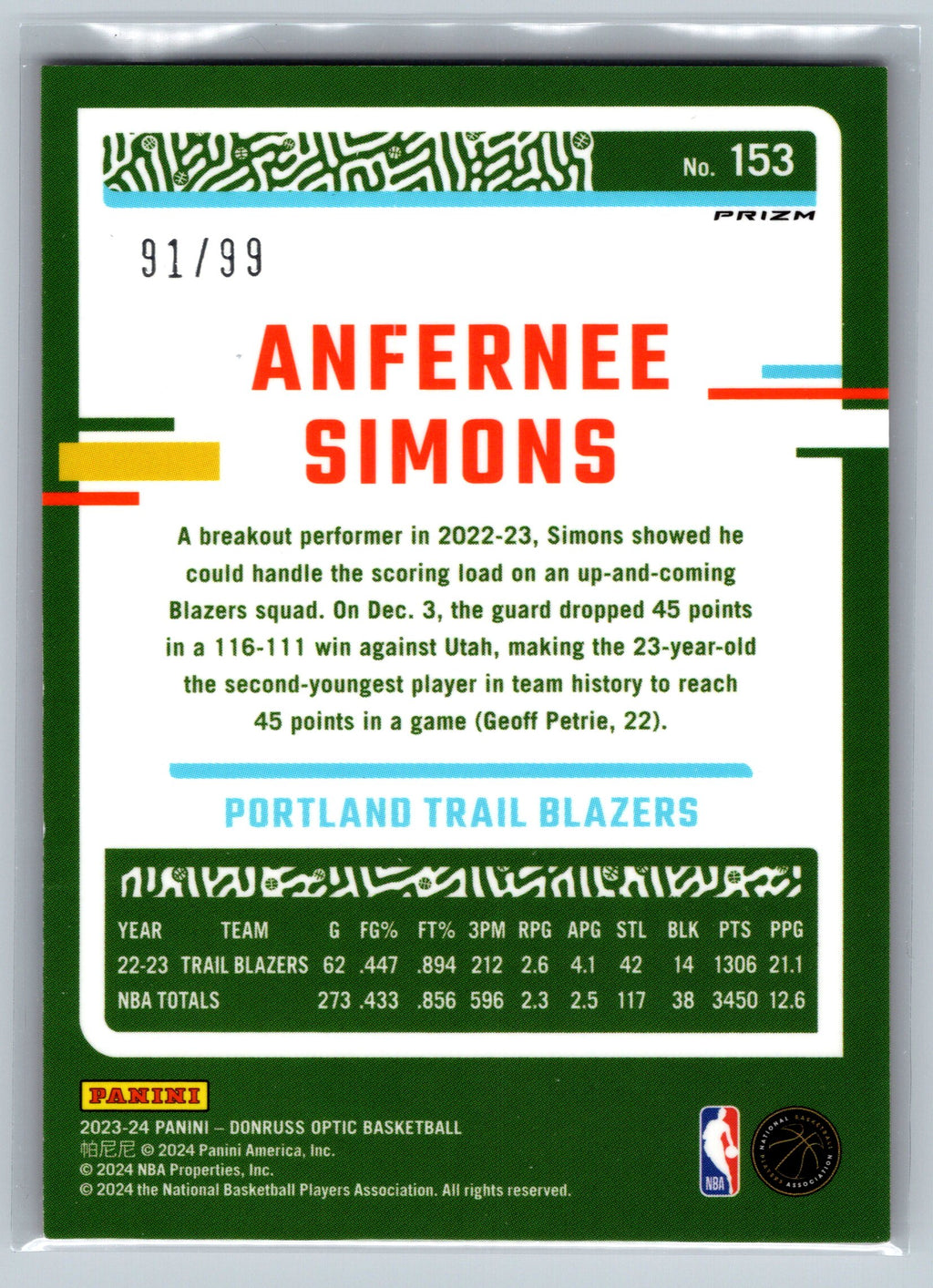 2023 Panini Optic Anfernee Simons Orange /99 #153