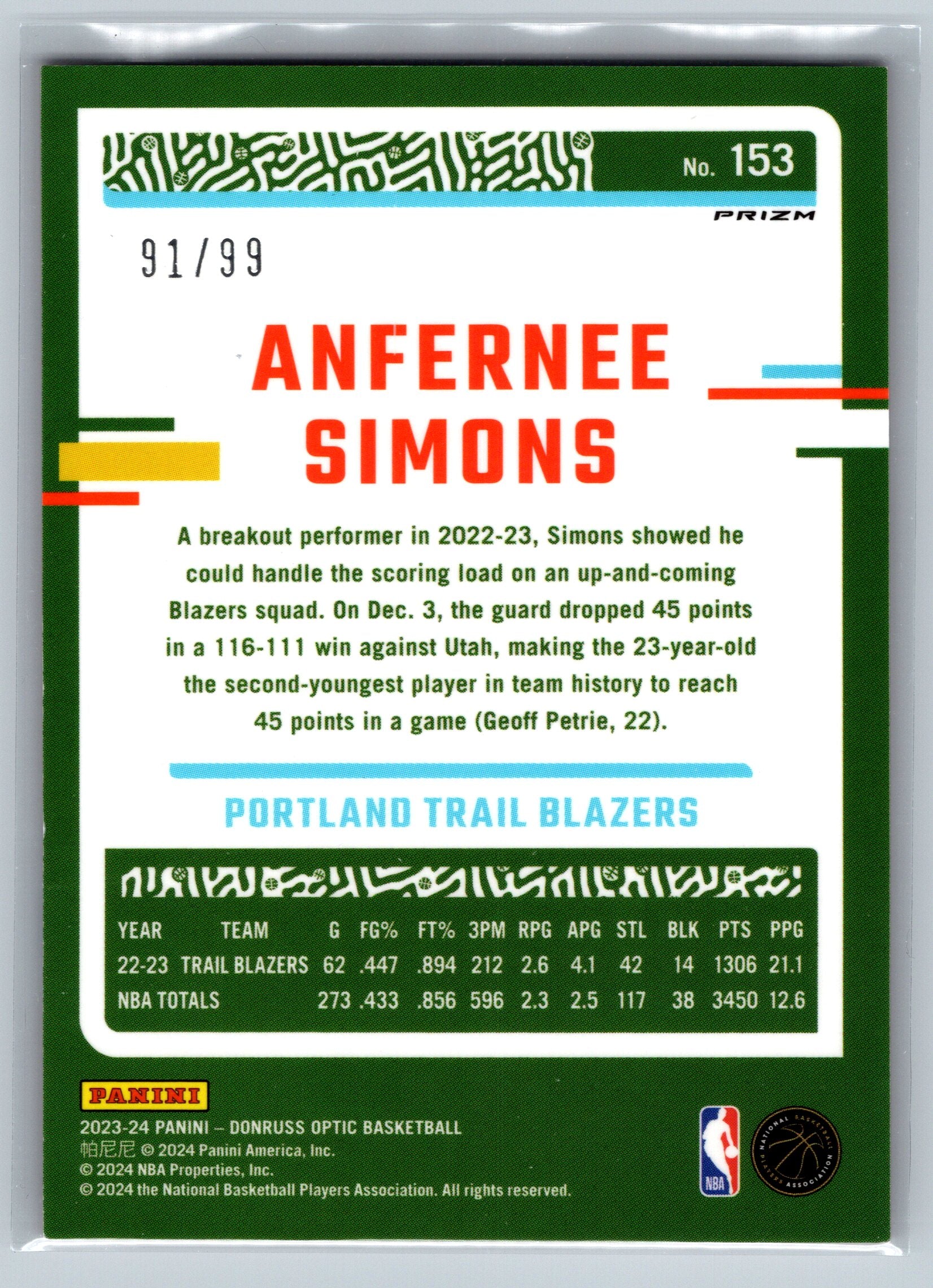 2023 Panini Optic Anfernee Simons Orange /99 #153