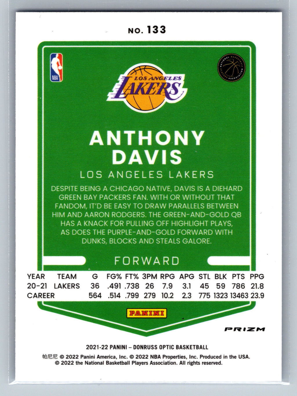 2021 Panini Optic Anthony Davis Blue Velocity #133