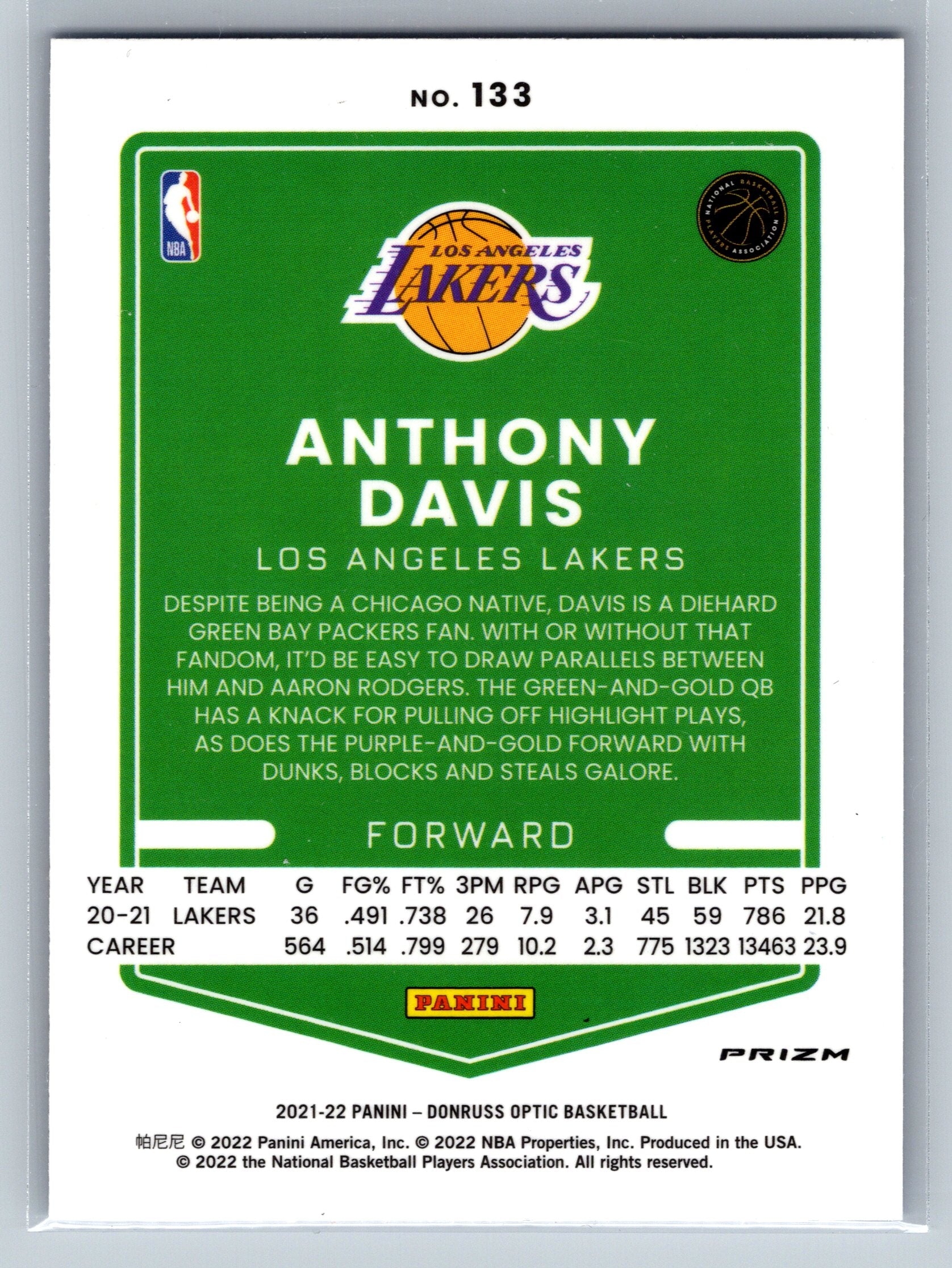 2021 Panini Optic Anthony Davis Blue Velocity #133