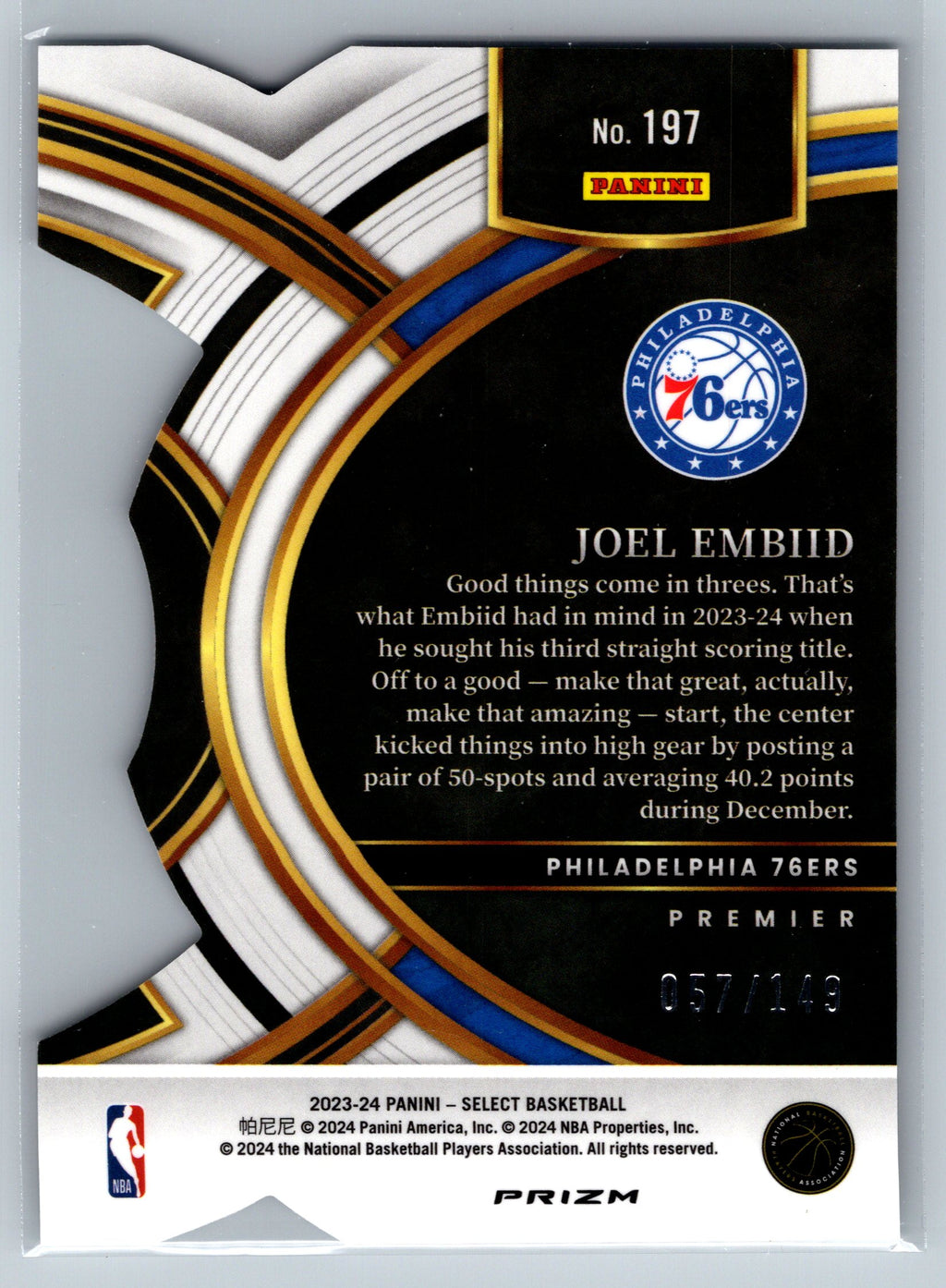 2023 Panini Select Joel Embiid White Premier Level Die-Cut /149 #197