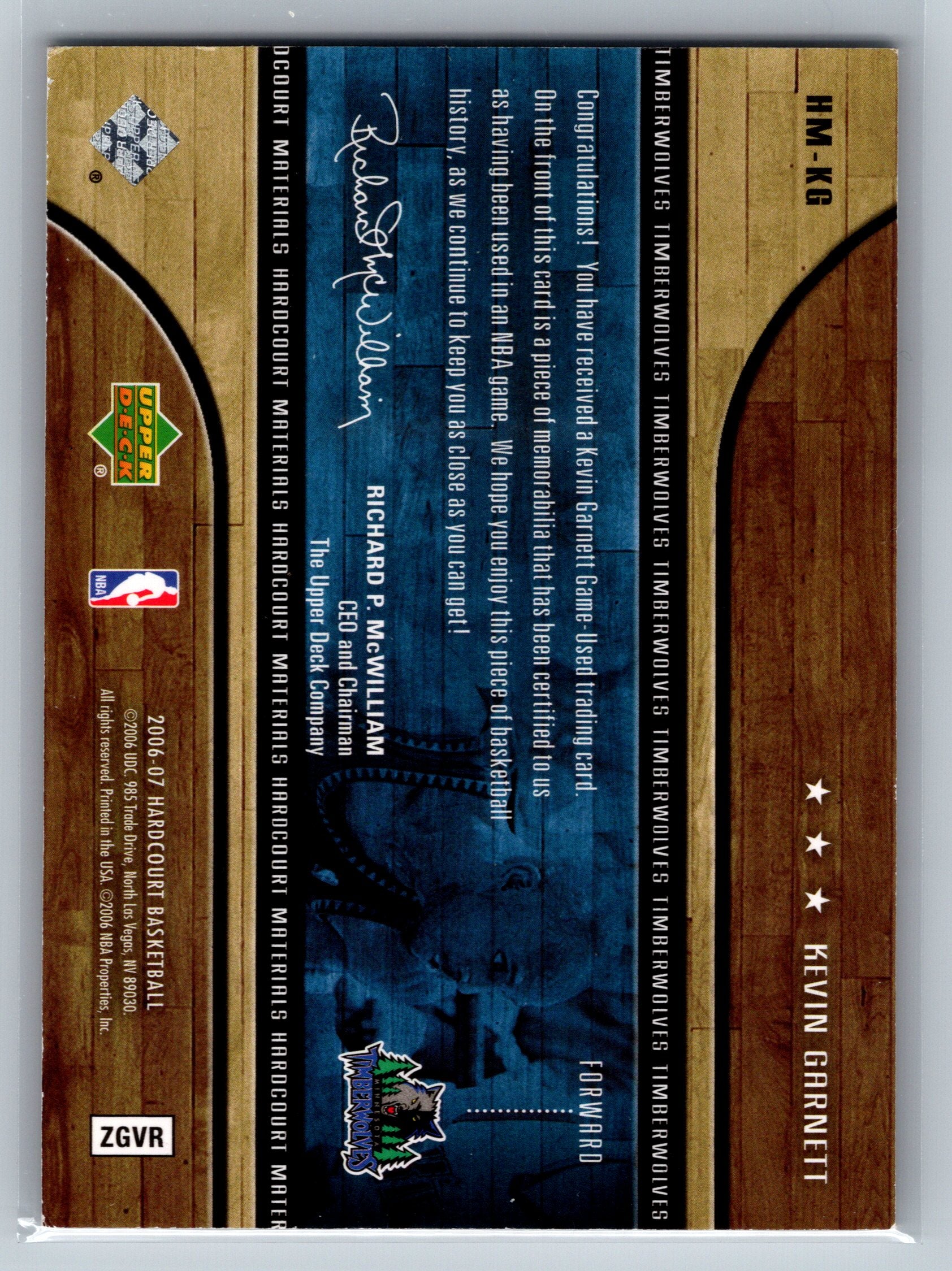 2006 Upper Deck Kevin Garnett Game-Worn Jersey Patch Card #HM-KG