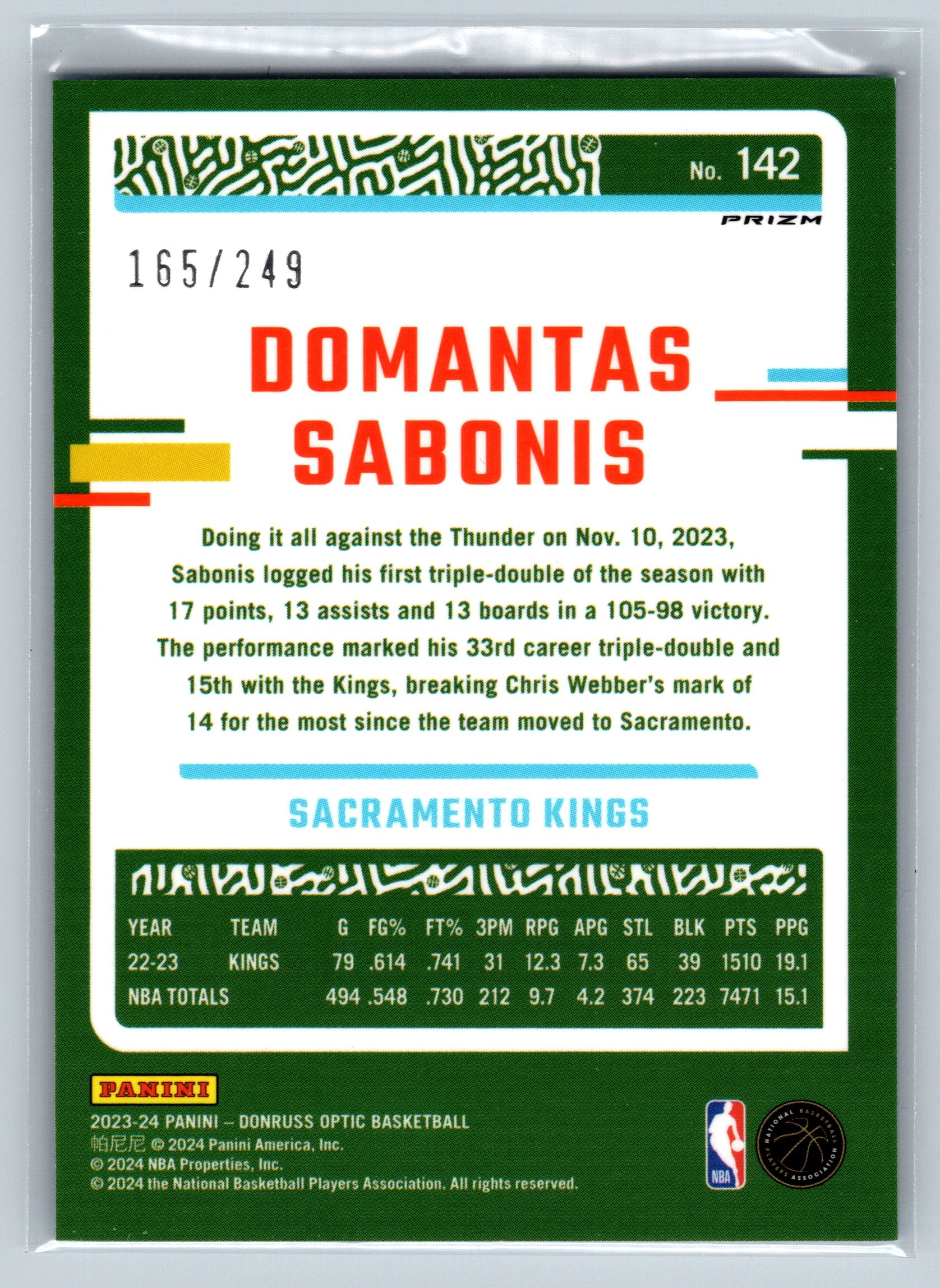 2023 Panini Optic Domantas Sabonis Blue /249 #142