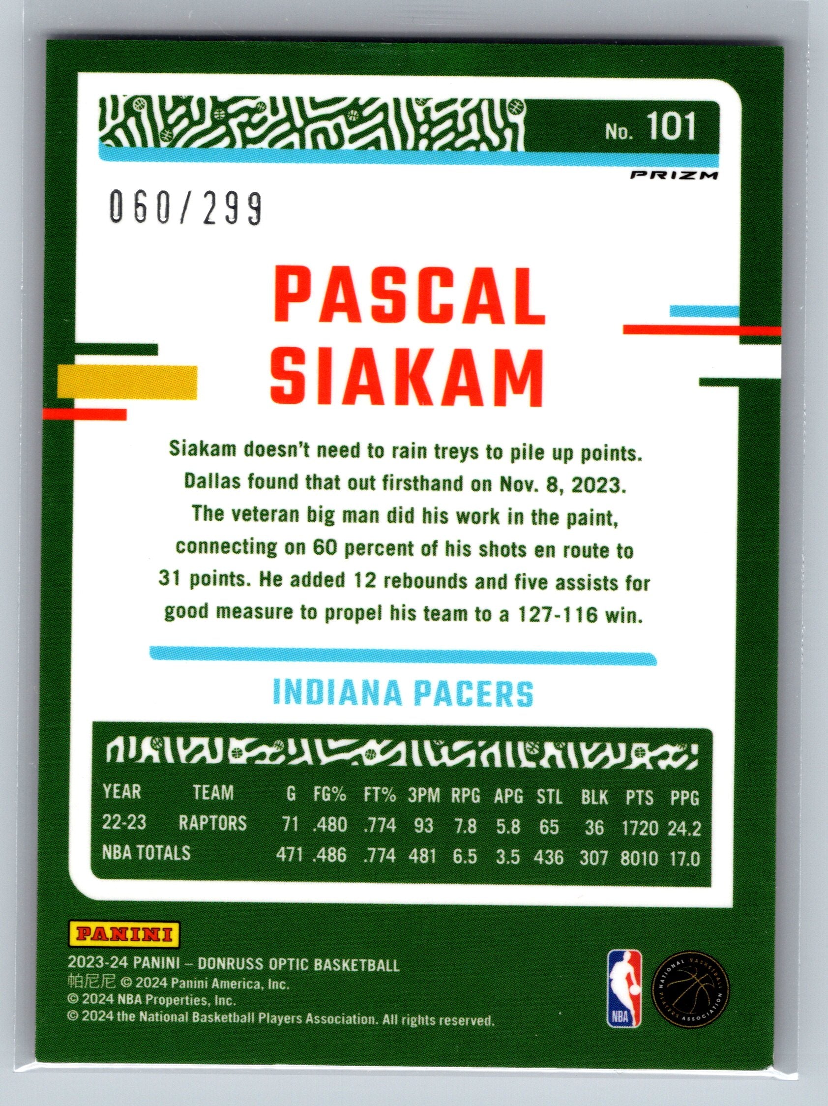2023 Panini Optic Pascal Siakam Red Lazer /299 #101