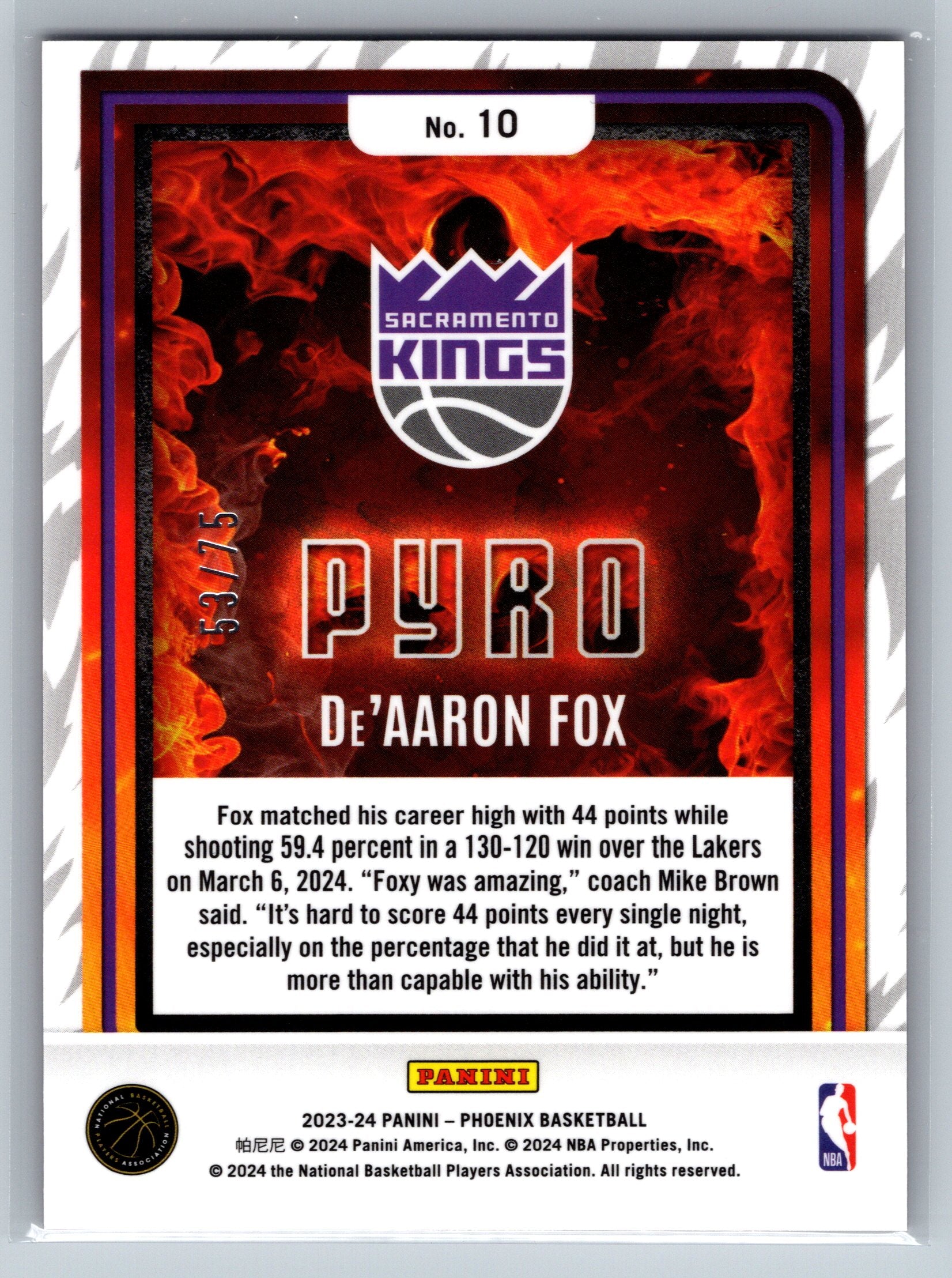 2023 Panini Phoenix De'Aaron Fox Pyro International Red /75 #10