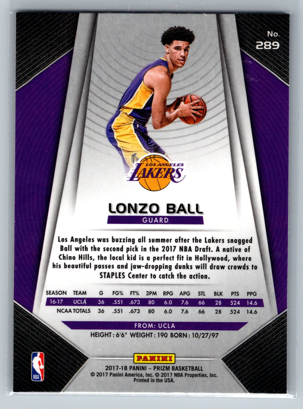 2017 Panini Prizm Lonzo Ball Rookie Card #289