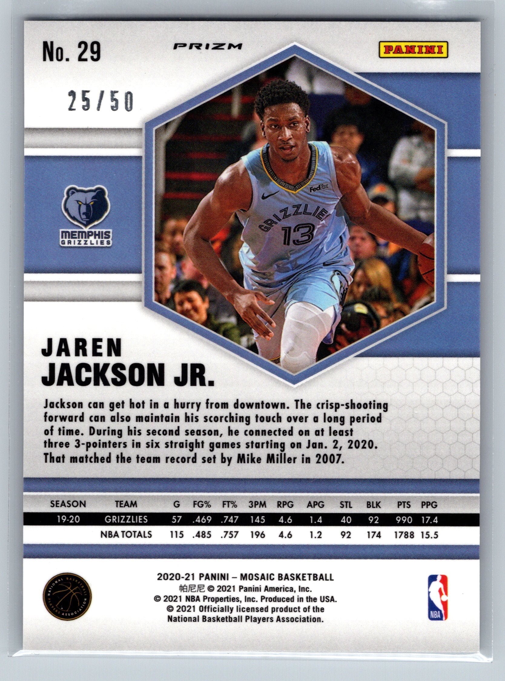 2020 Panini Mosiac Jaren Jackson Jr. Purple Fast Break /50 #29