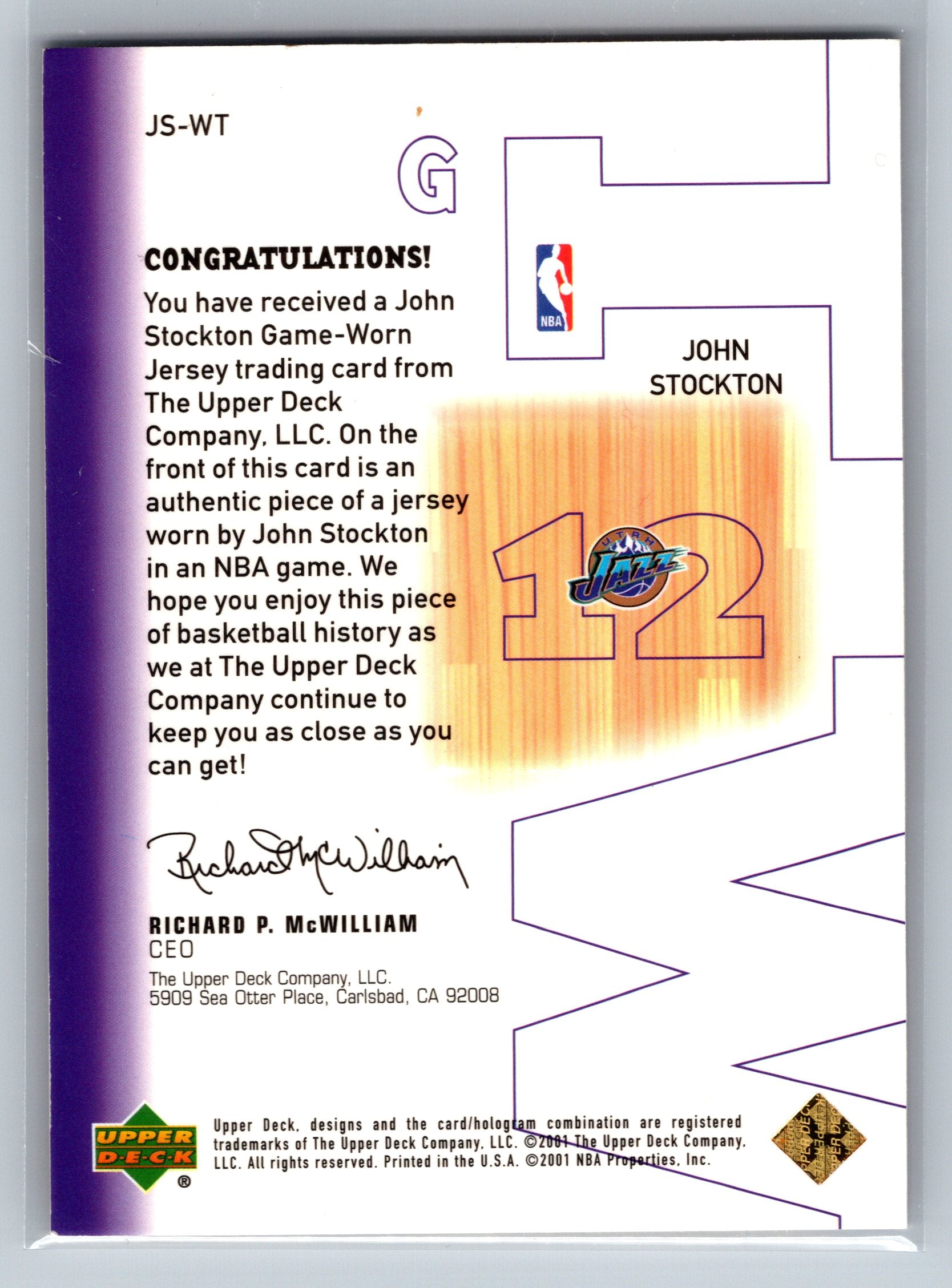 2001 Upper Deck John Stockton Game-Worn Jersey Patch #JS-WT