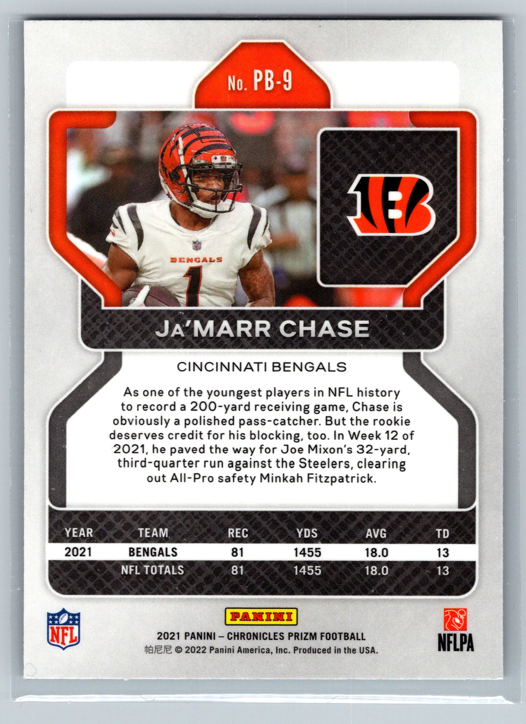 2021 Panini Chronicles Ja'Marr Chase Rookie Card #PB-9