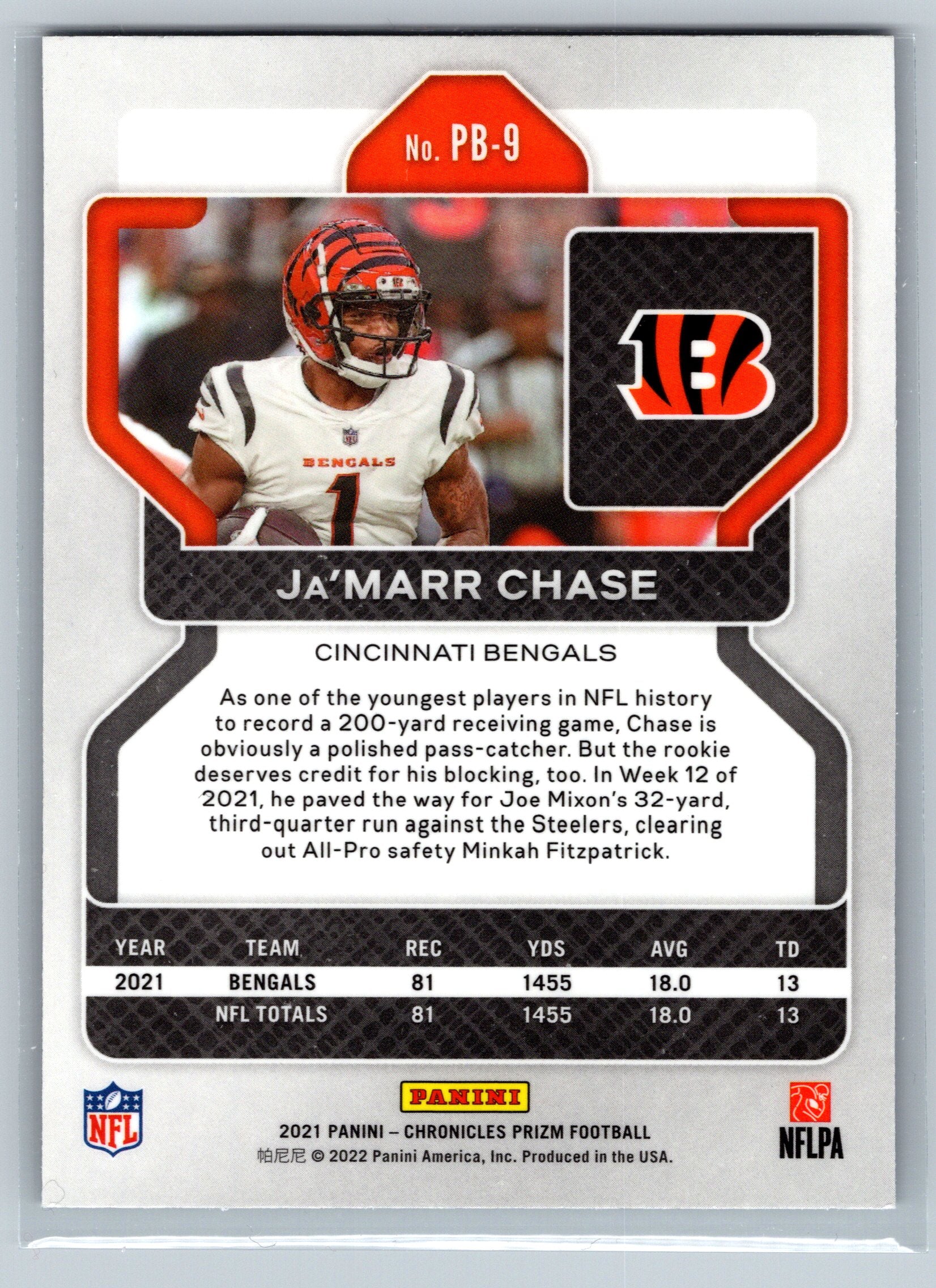 2021 Panini Chronicles Ja'Marr Chase Rookie Card #PB-9