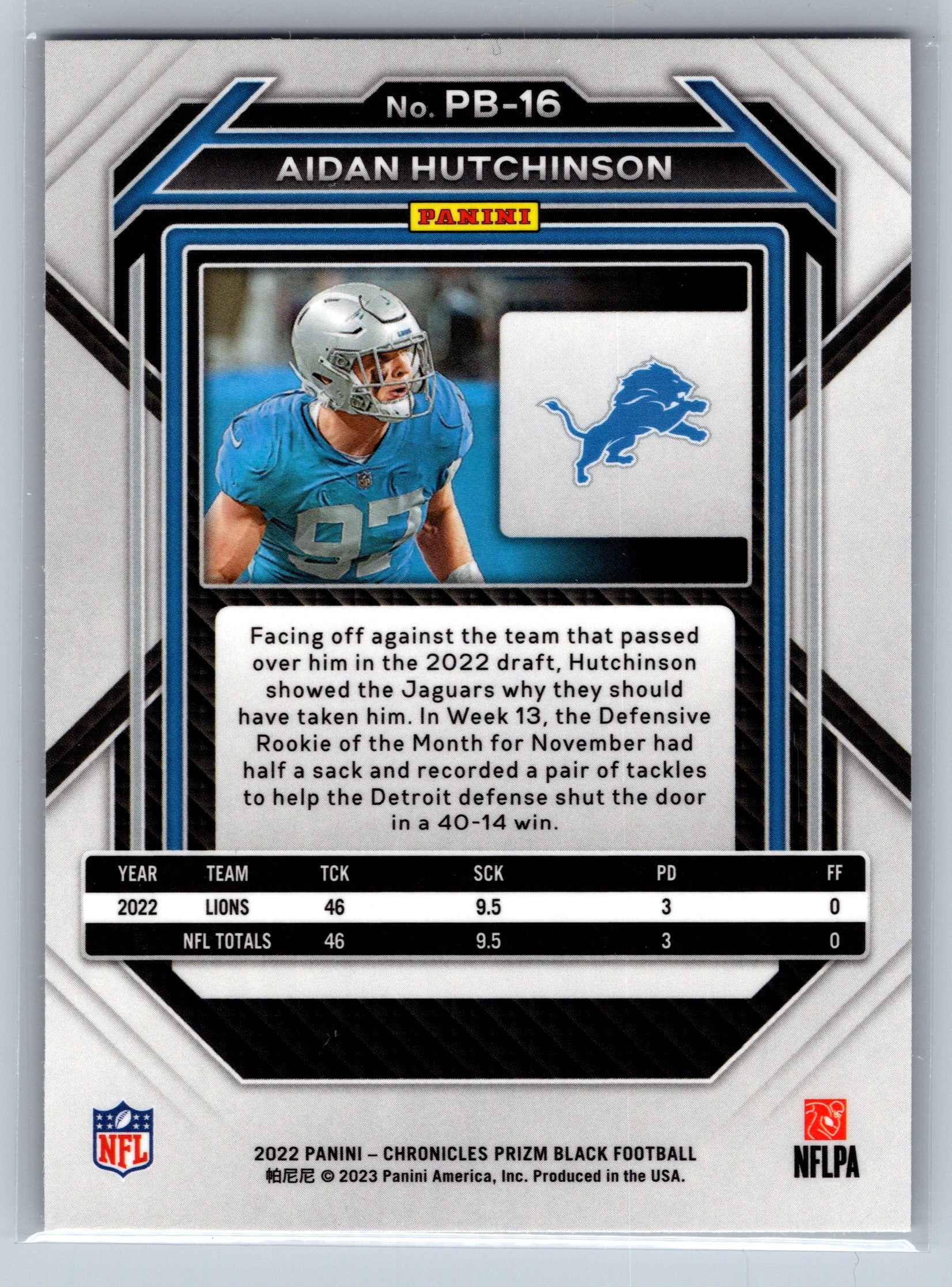 2022 Panini Chronicles Aidan Hutchinson Rookie Card #PB-16