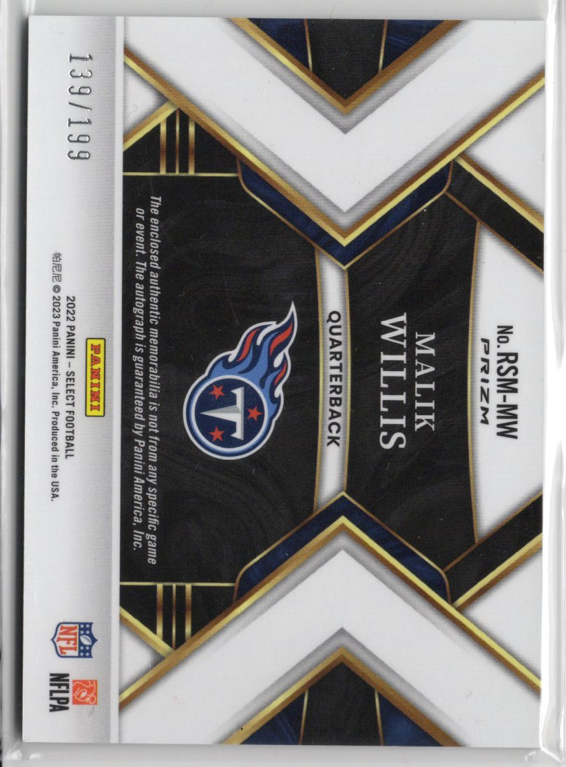 2022 Panini Select Malik Willis Silver Rookie Patch Autograph /199 #RSM-MW