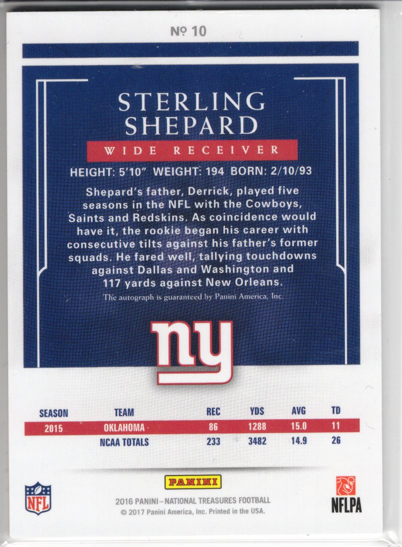 2016 Panini National Treasures Sterling Shepard On-Card Autograph #10