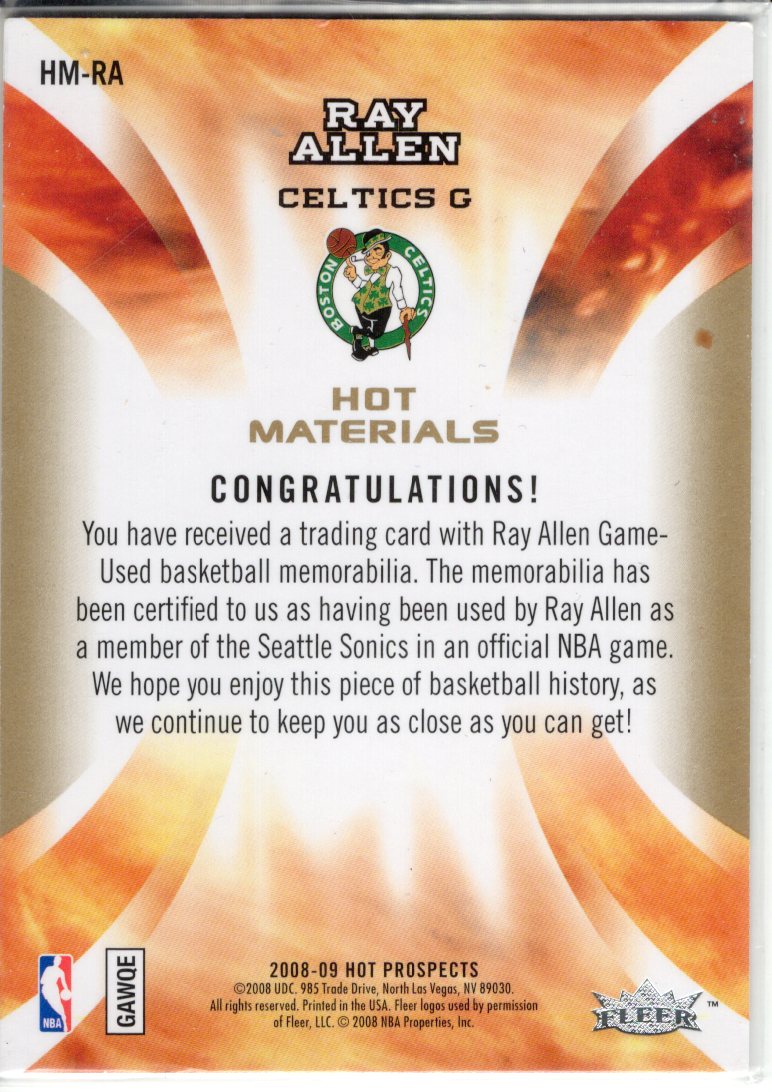 2008 Fleer Hot Prospects Ray Allen Game-Used Patch Card HM-RA