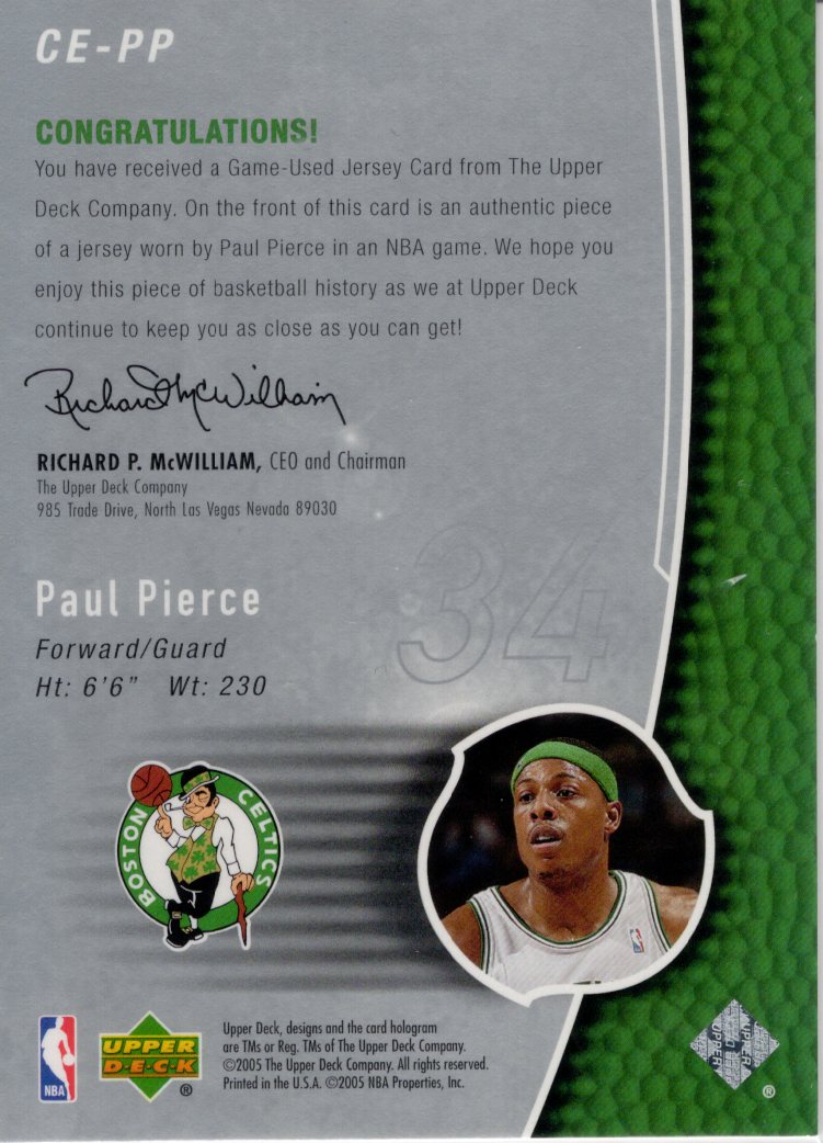 2005 Upper Deck Paul Pierce Game-Used Jersey Card #CE-PP
