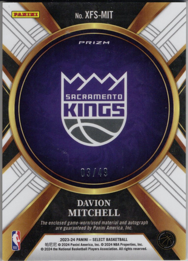 2023 Panini Select Davion Mitchell Patch Autograph /49 #XFS-MIT