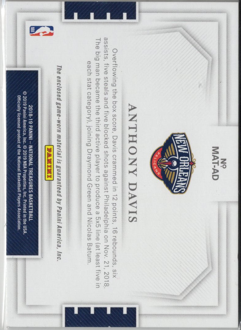 2018 Panini National Treasures Anthony Davis Game-Worn Jersey Patch /99 #MAT-AD