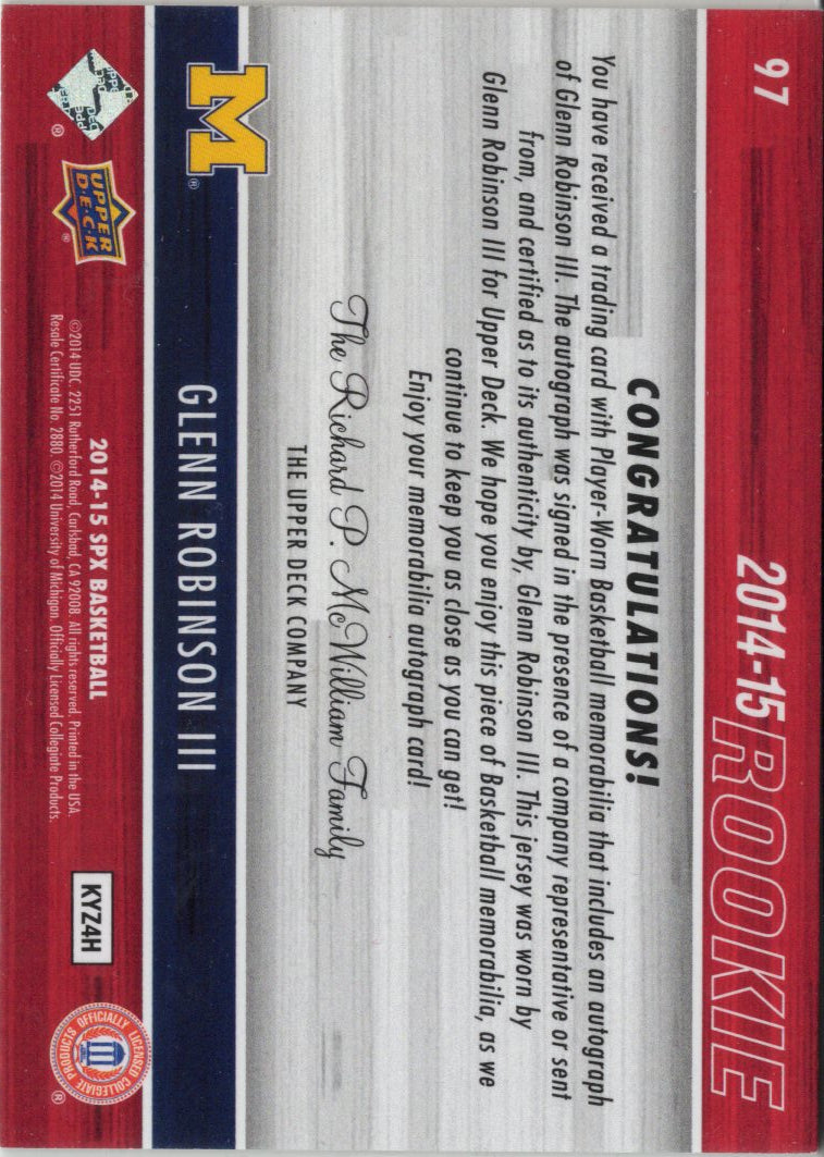 2014 Upper Deck SP Glenn Robinson III Rookie Player-Worn Patch Autograph #97