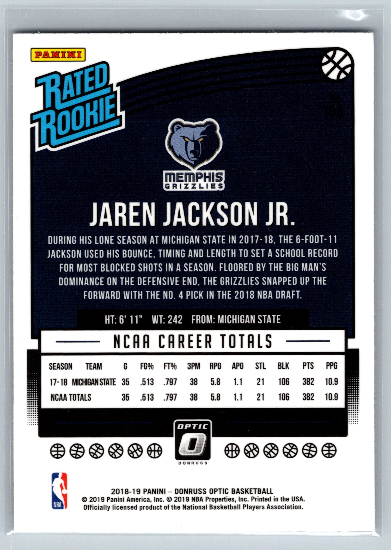 2018 Panini Optic Jaren Jackson Jr. Rated Rookie Card #188