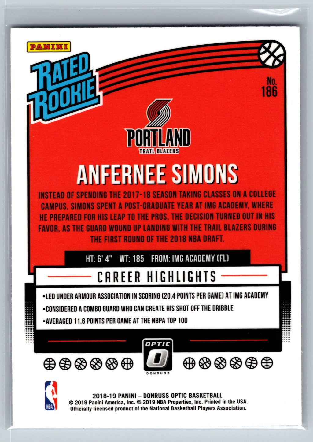 2018 Panini Optic Anfernee Simons Rated Rookie Card #186