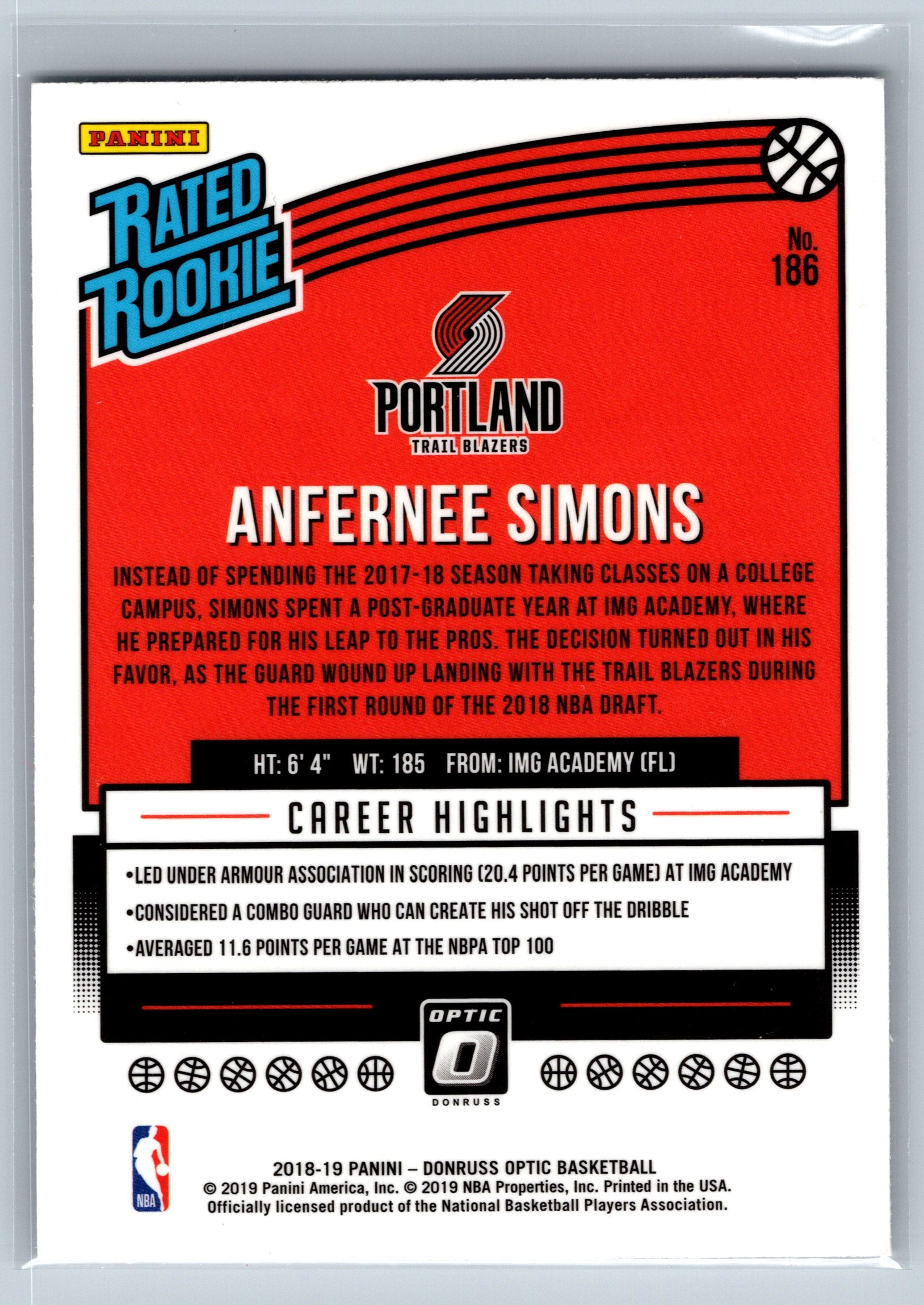 2018 Panini Optic Anfernee Simons Rated Rookie Card #186