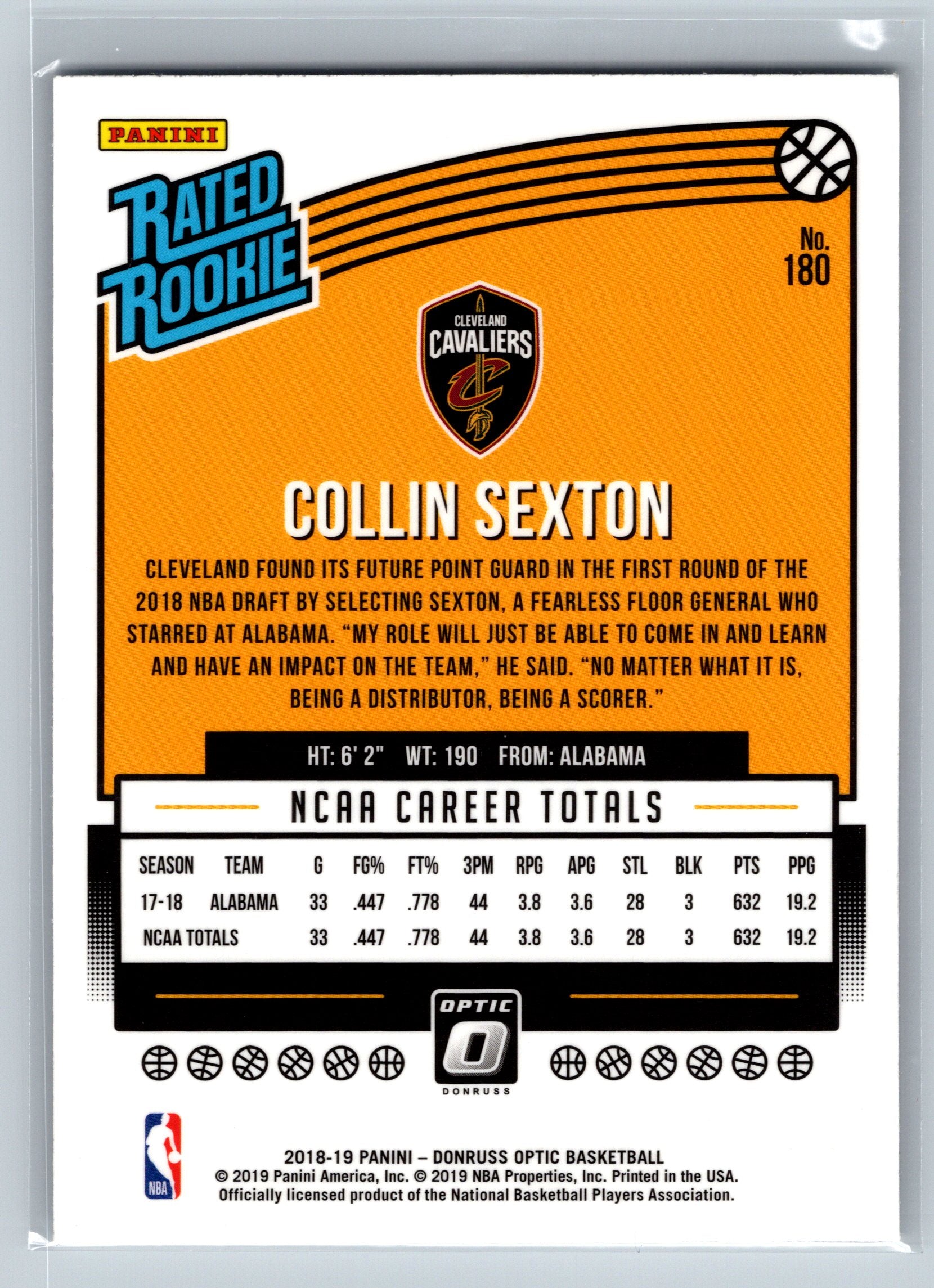 2018 Panini Optic Colin Sexton Rated Rookie Card #180