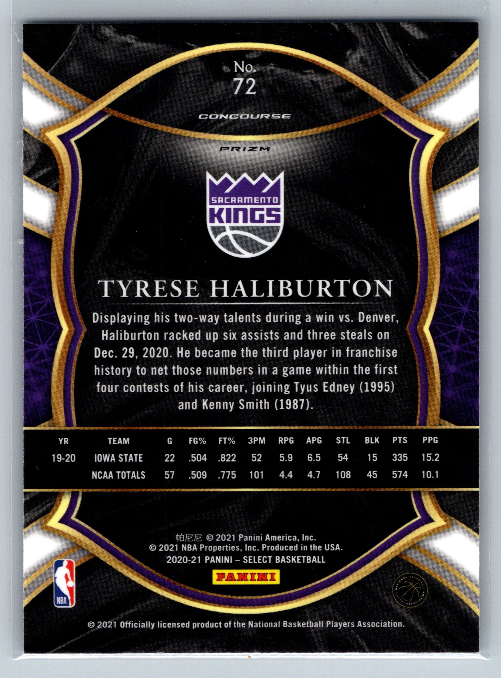 2020 Panini Select Tyrese Haliburton Concourse Level Silver Rookie Card #72