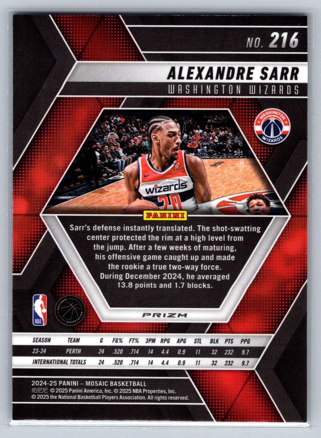 2024 Panini Mosaic Alexandre Sarr Green Mosaic Rookie Card #216