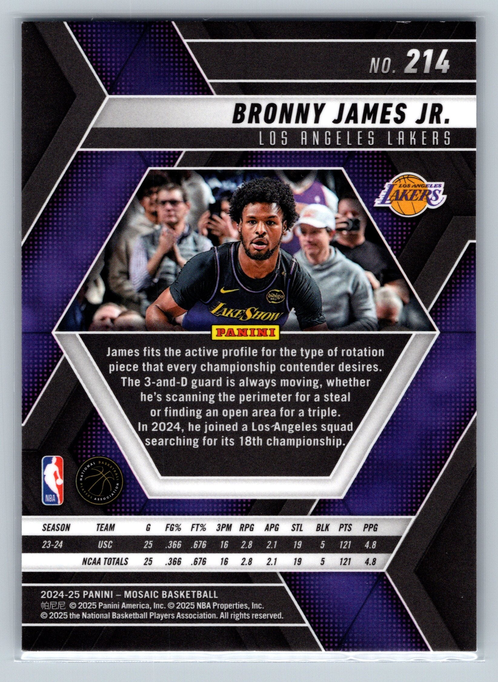 2024 Panini Mosaic Bronny James Rookie Card #214