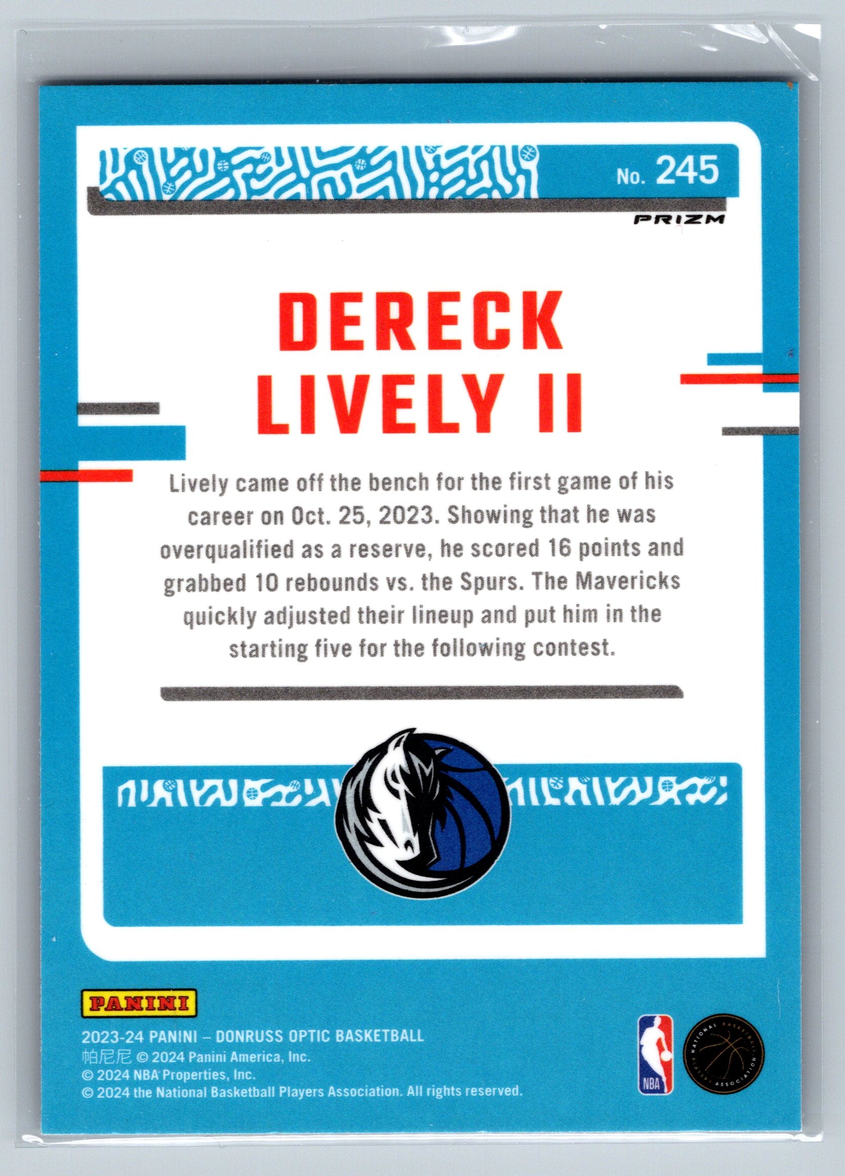 2023 Panini Optic Dereck Lively II Purple Rookie Card #245