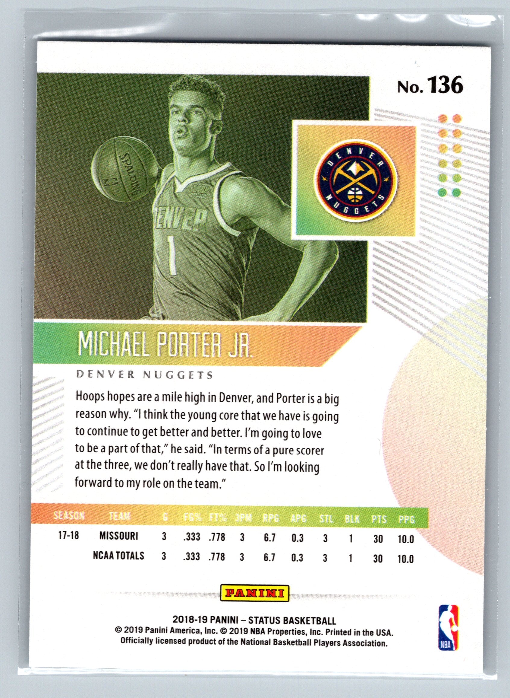 2018 Panini Status Michael Porter Jr. Holo Rookie Card #136