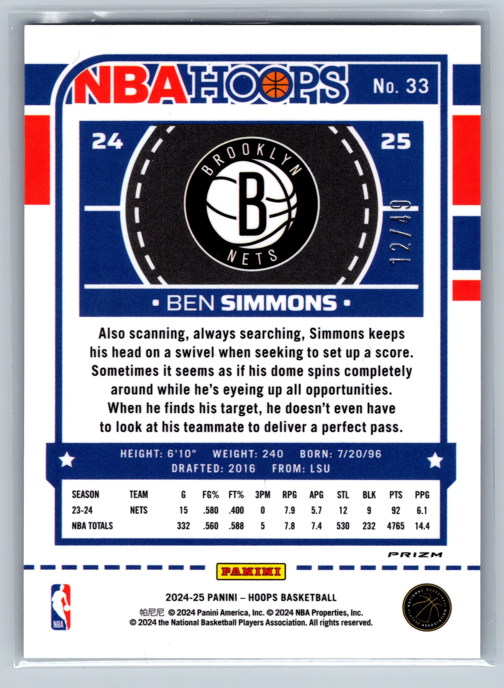 2024 Panini NBA Hoops Ben Simmons Blue /49 #33