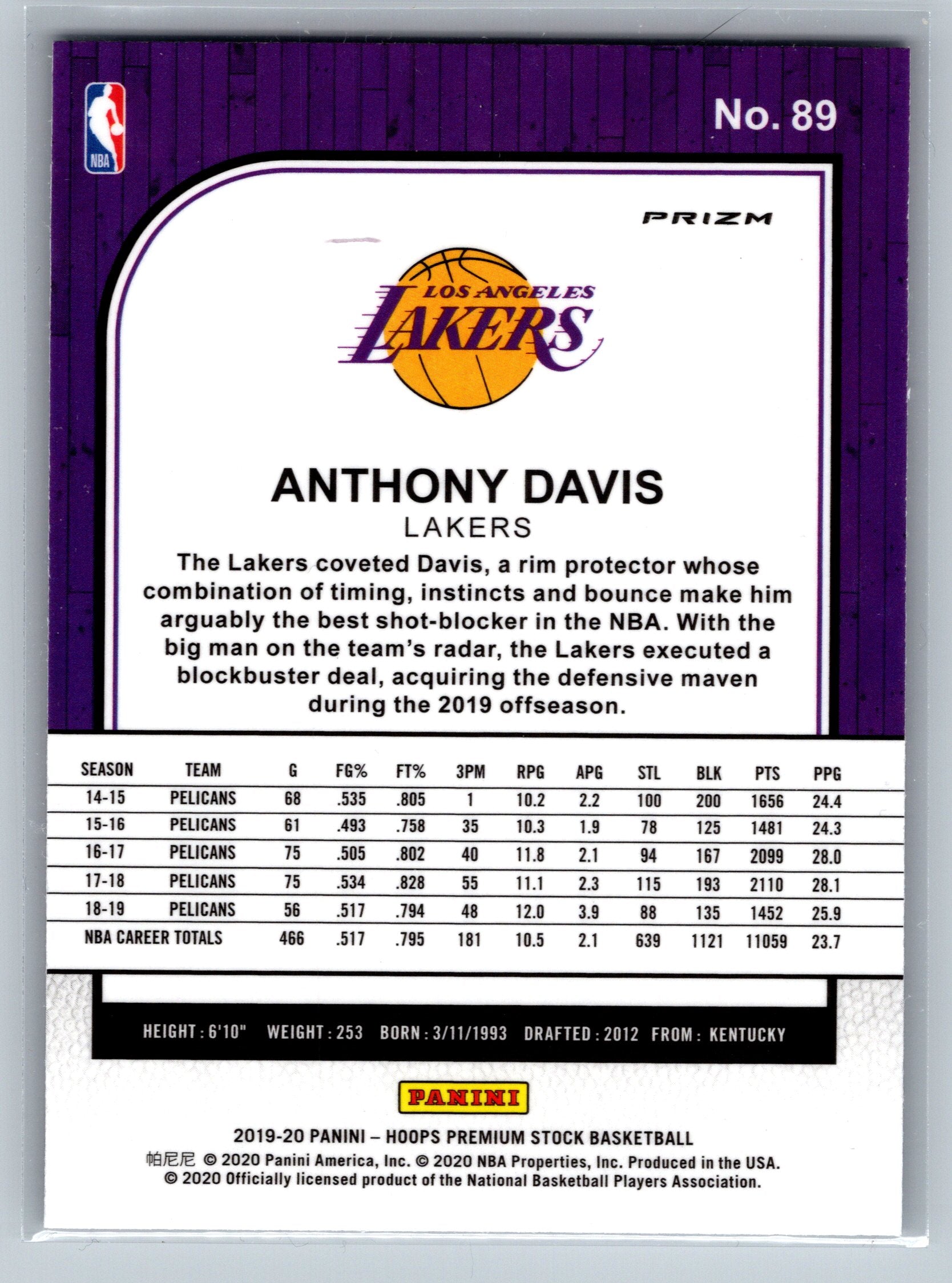 2019 Panini NBA Hoops Anthony Davis Purple Disco #89