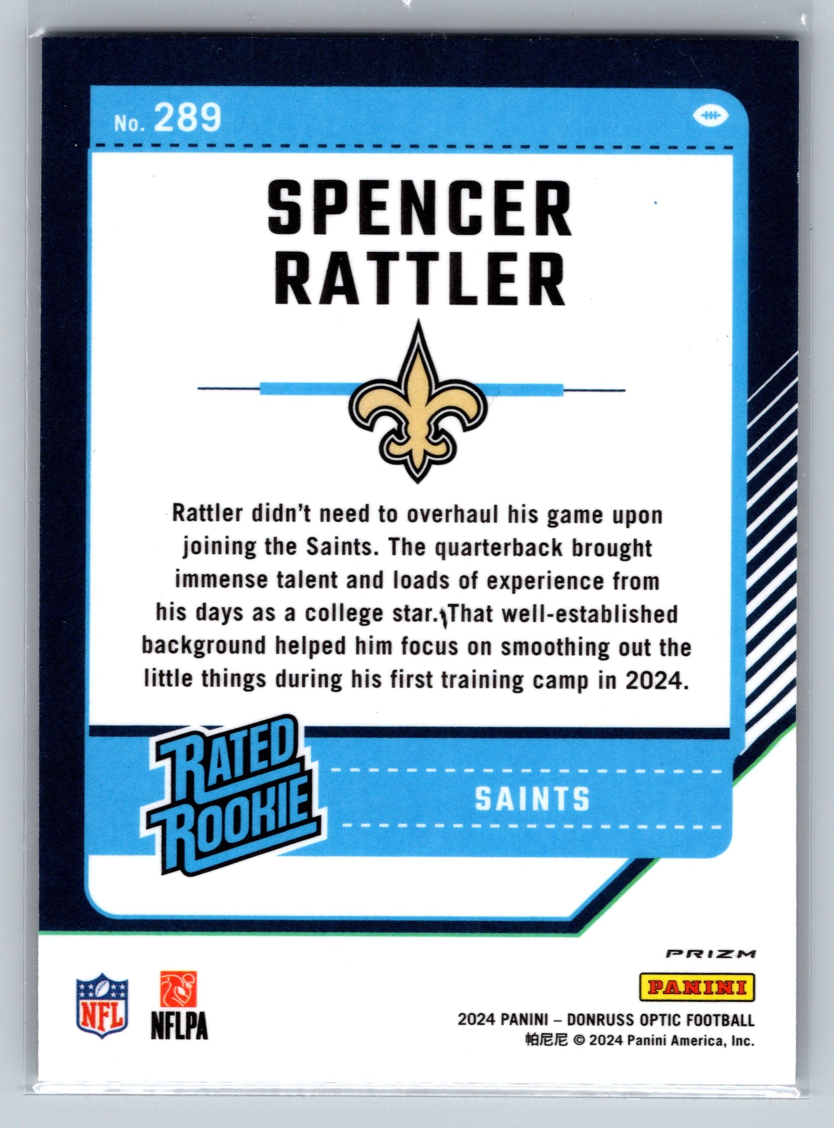 2024 Panini Optic Spencer Rattler Purple Shock Rookie Card #289