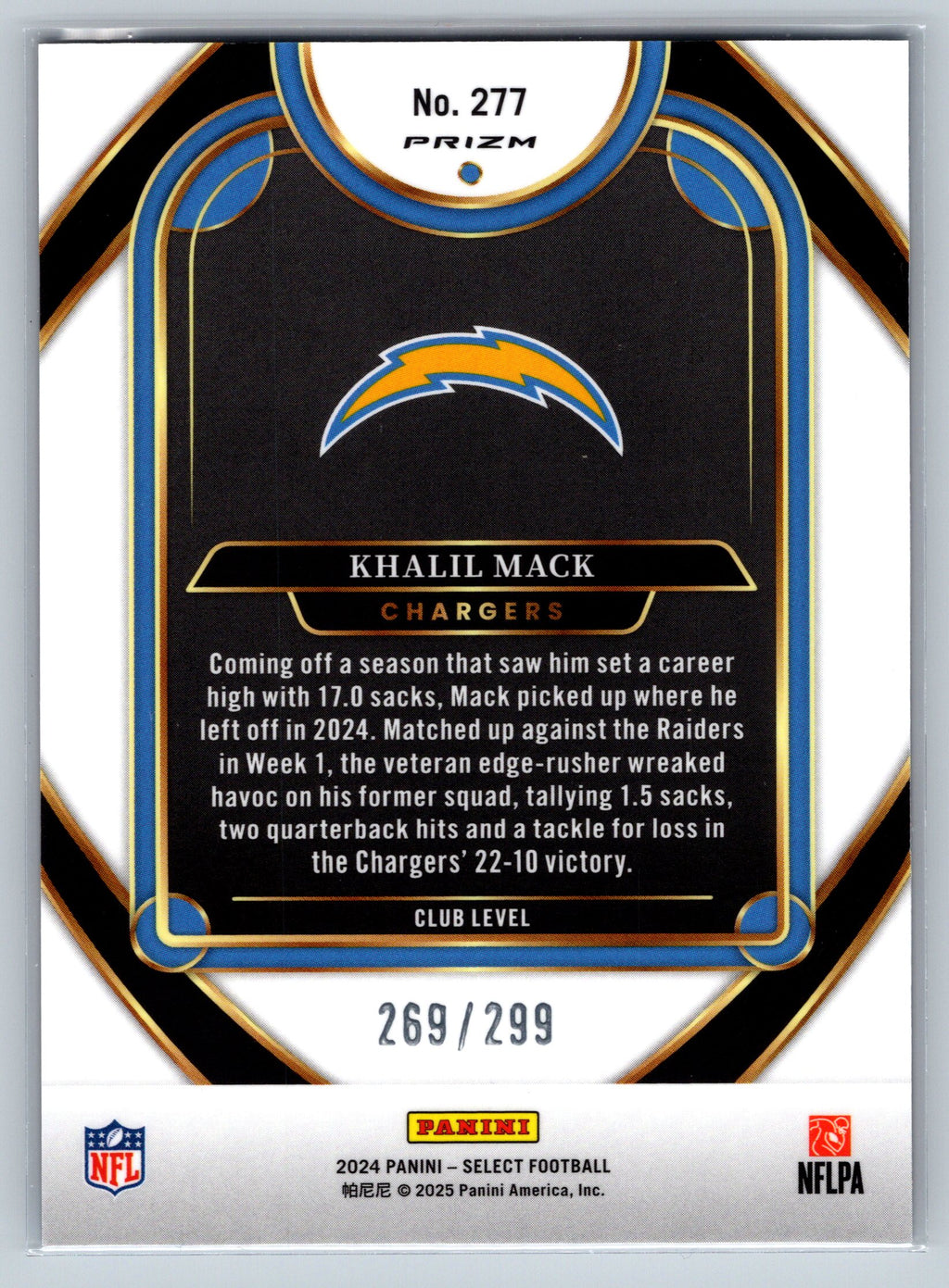 2024 Panini Select Khalil Mack Copper Club Level /299 #277