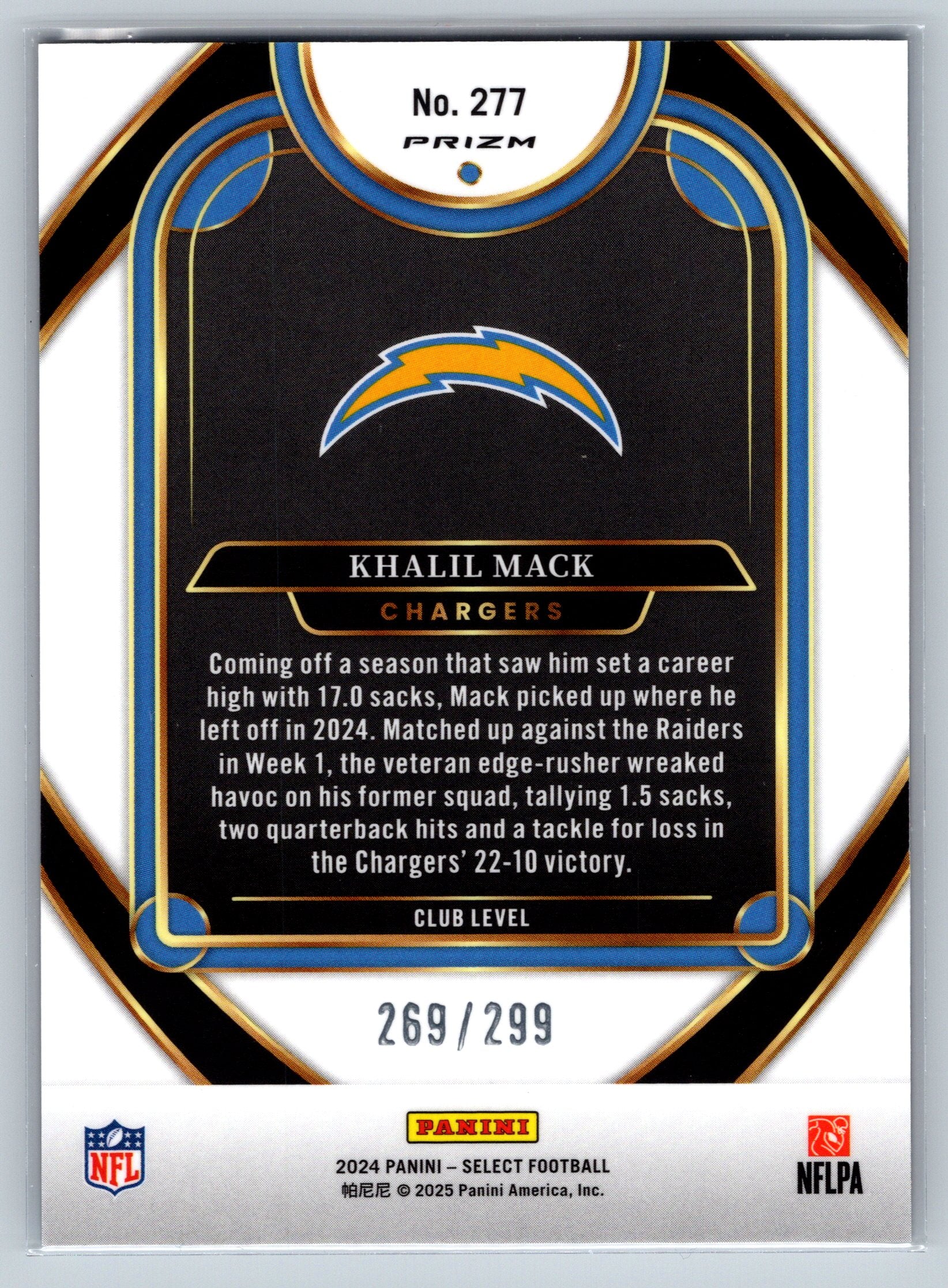 2024 Panini Select Khalil Mack Copper Club Level /299 #277