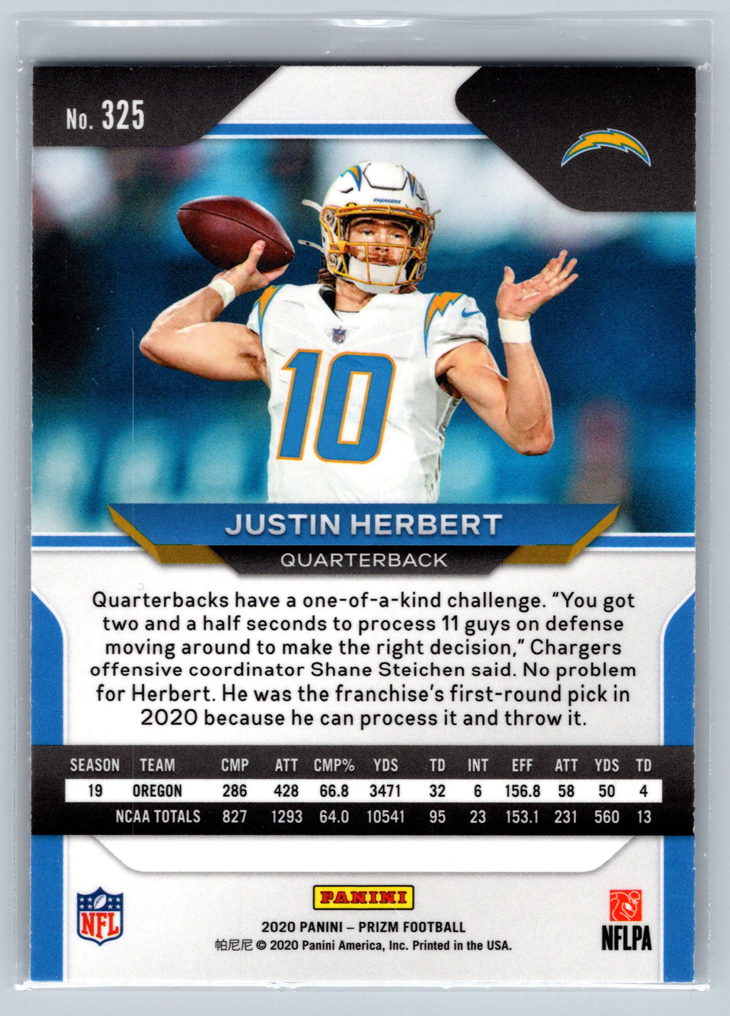 2020 Panini Prizm Justin Herbert Rookie Card #325